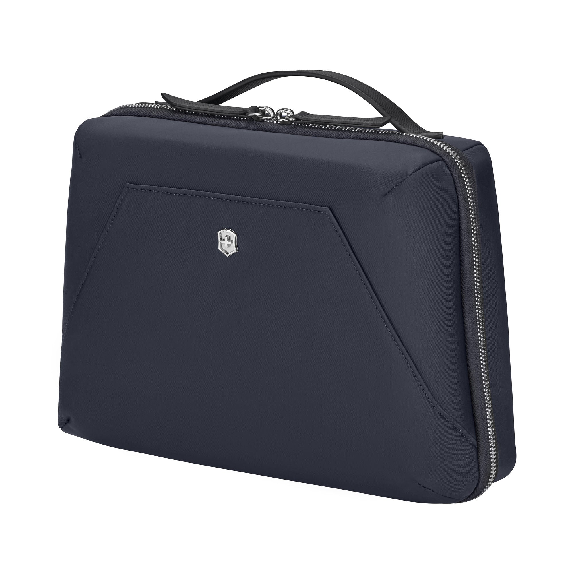 The Victorinox Victoria Signature Beauty Case by VICTORINOX is a sleek black case with an emblematic logo on the front. It features angled stitching, dual zippers, a top carrying handle, and odor-resistant lining—perfect for storing toiletries.