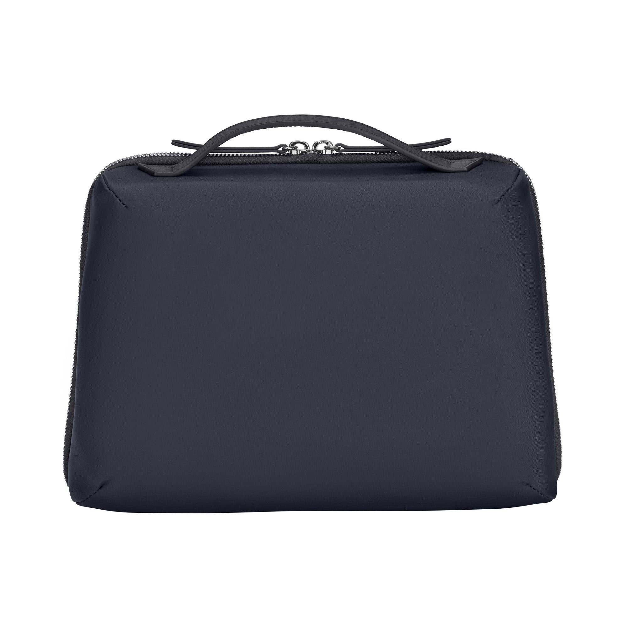 The Victorinox Victoria Signature Beauty Case by VICTORINOX is a sleek, dark gray bag with a minimalist design, featuring an odor-resistant lining, sturdy top handle, and a zipper across the top edge to enhance its modern and functional appearance.