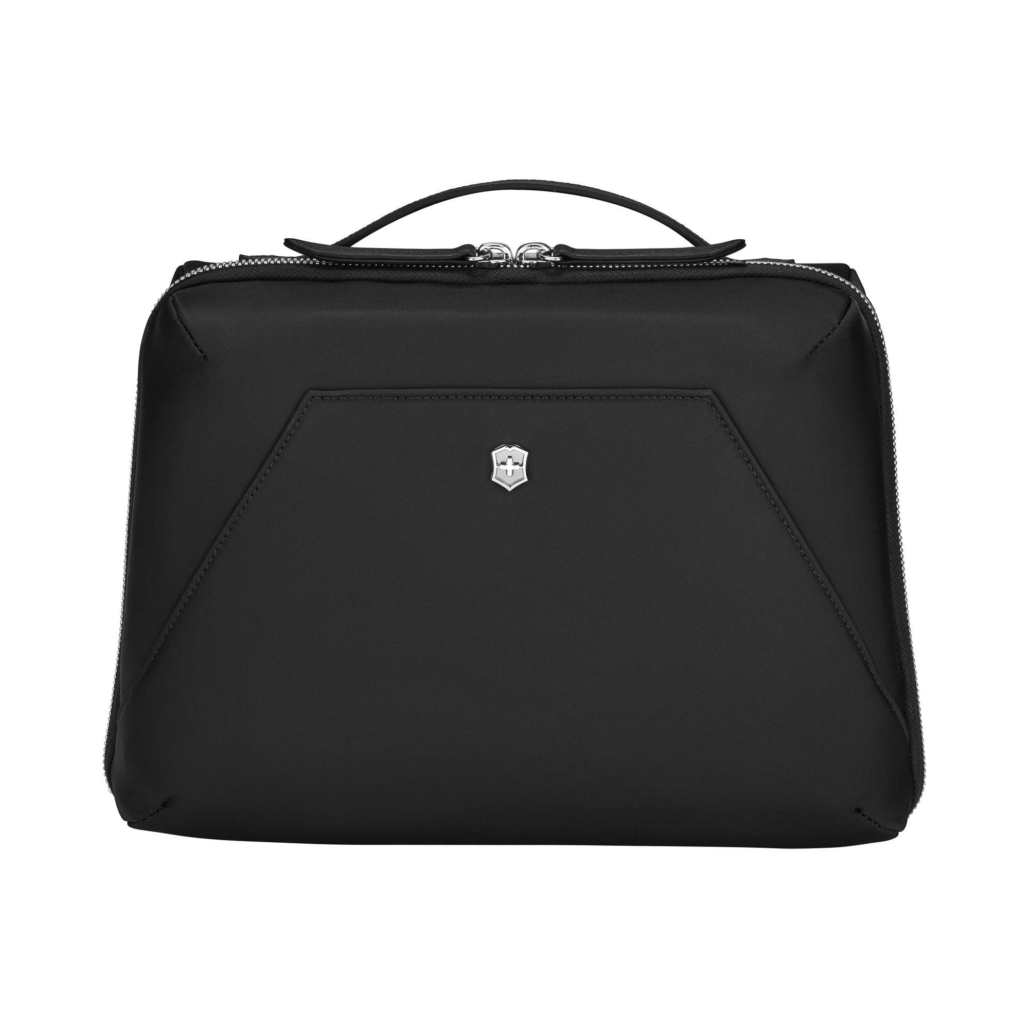 The Victorinox Victoria Signature Beauty Case by VICTORINOX is a black toiletries bag featuring a small silver crest logo, sleek compact design, odor-resistant lining, top handle, and two-way zipper closure.