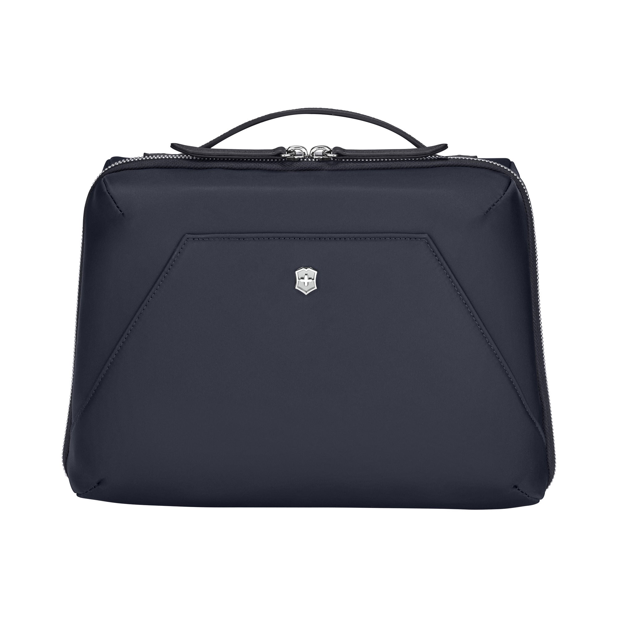 The Victorinox Victoria Signature Beauty Case by VICTORINOX is a sleek, black toiletries bag featuring a zip closure, top handle, subtle angular design, and central emblem. It has a smooth matte surface with an odor-resistant lining for freshness on every journey.