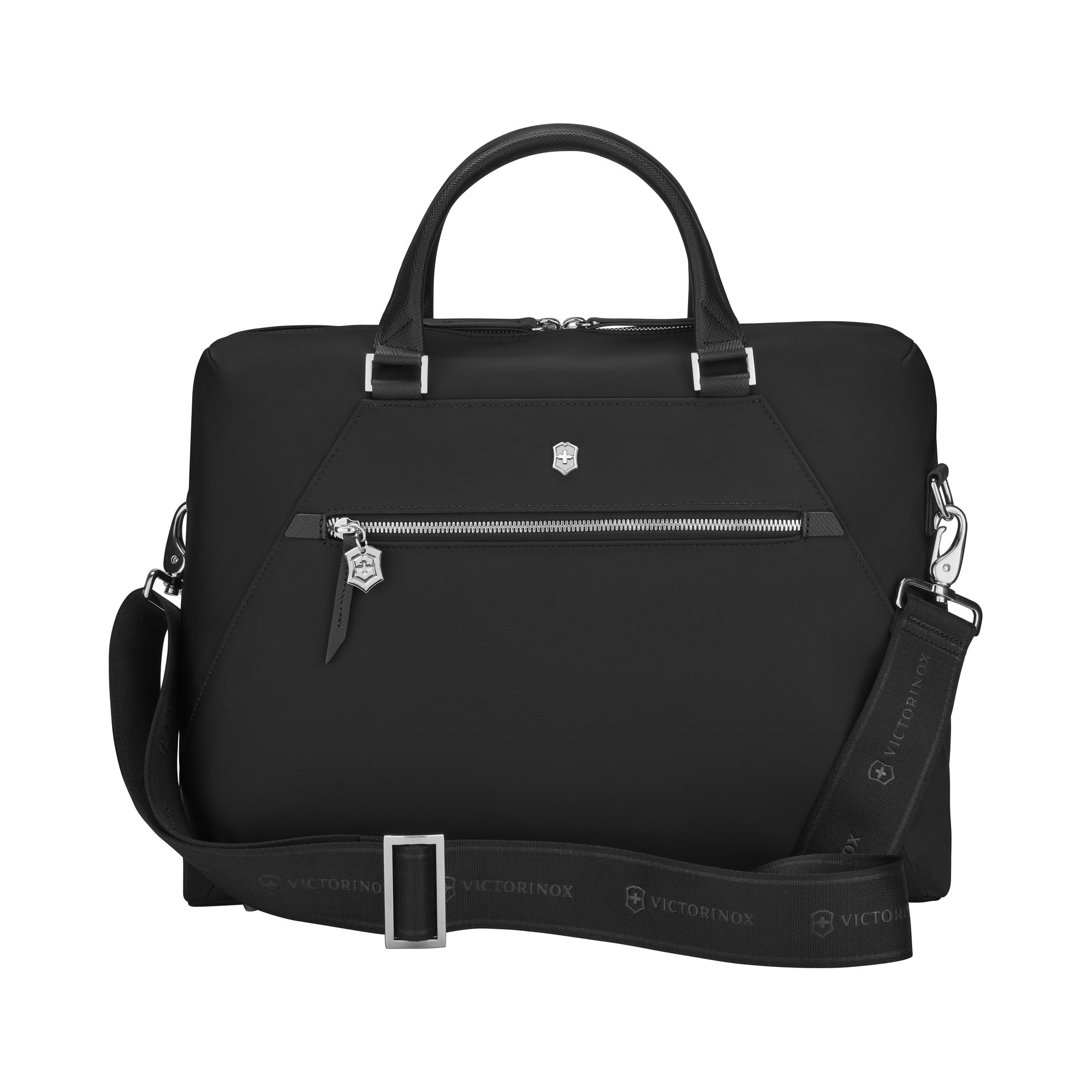 The Victorinox Victoria Signature Briefcase from VICTORINOX is a sleek black bag with a zippered front pocket, adjustable shoulder strap, silver accents, small front emblem, and cushioned leather handles for comfort.