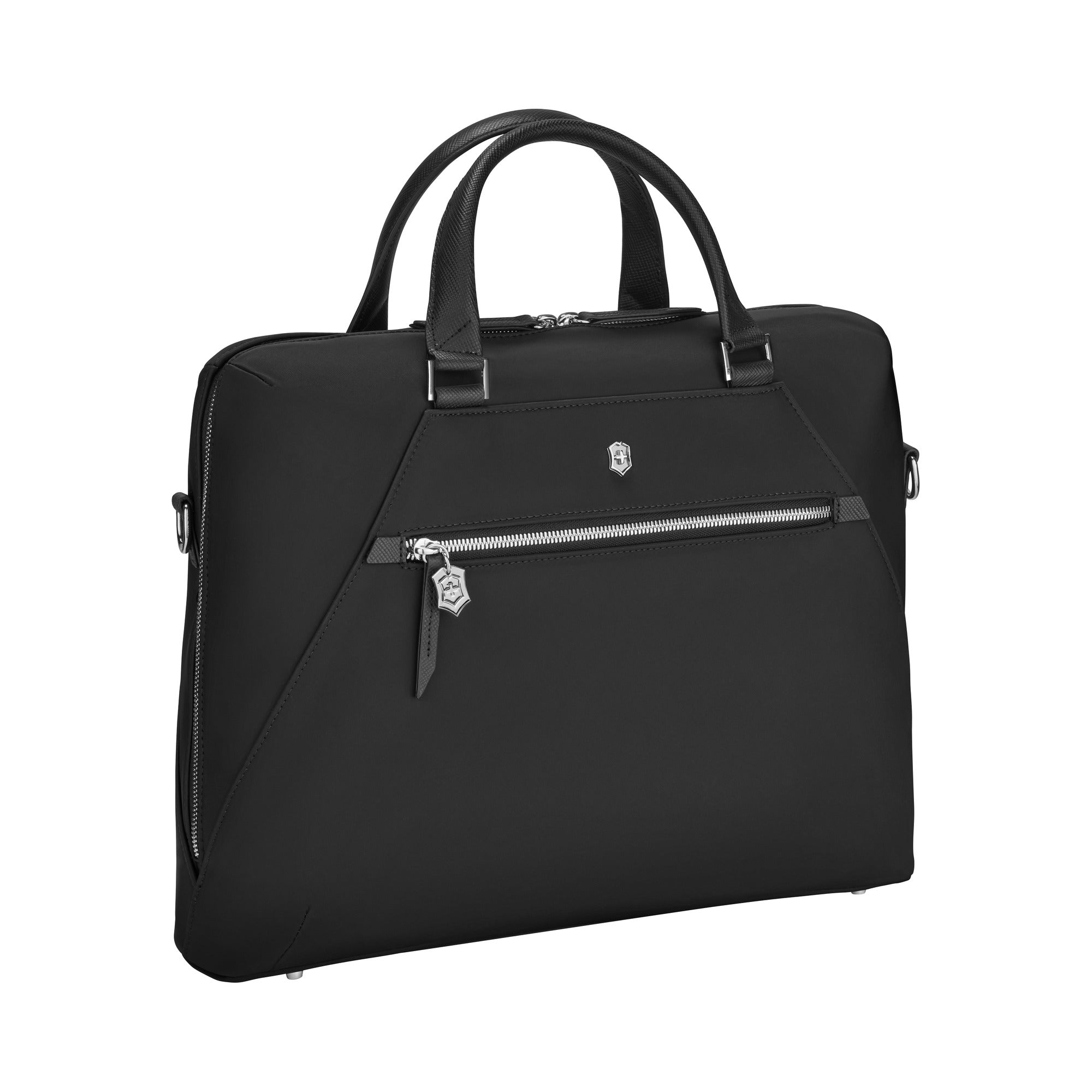 The Victorinox Victoria Signature Briefcase by VICTORINOX is a stylish black briefcase with cushioned leather handles and a silver front zipper. It features a modern, minimalist design with a logo above the zipper, and its 2-in-1 rectangular shape ensures versatility and style.