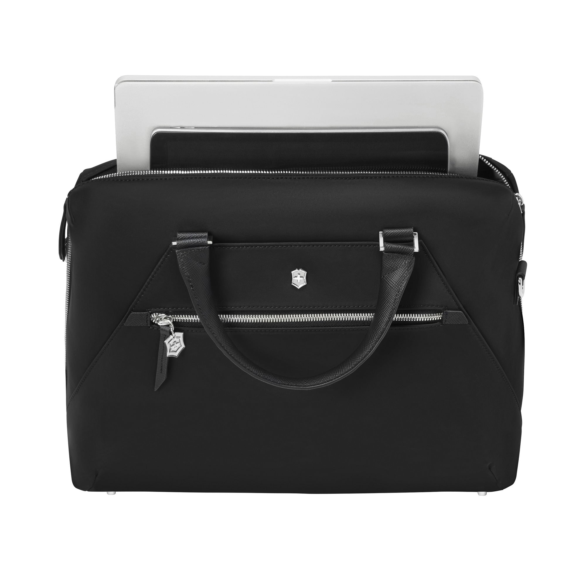 The Victorinox Victoria Signature Briefcase by VICTORINOX is a sleek black leather 2-in-1 design with cushioned handles, silver hardware, a front zipper pocket, and a logo emblem for elegance. Its practical design accommodates laptops with ease.