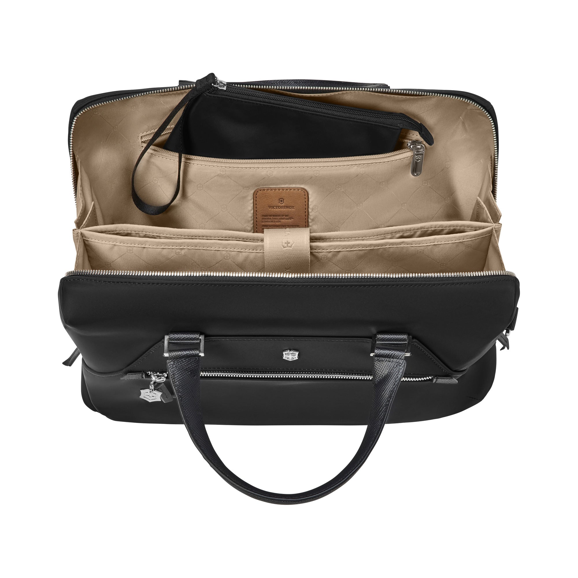 The VICTORINOX Victorinox Victoria Signature Briefcase is a black leather handbag with cushioned handles, an open top revealing interior compartments with beige lining and a zippered pocket. It features a removable brown pouch, versatile 2-in-1 design, and a sleek metal emblem on the exterior.