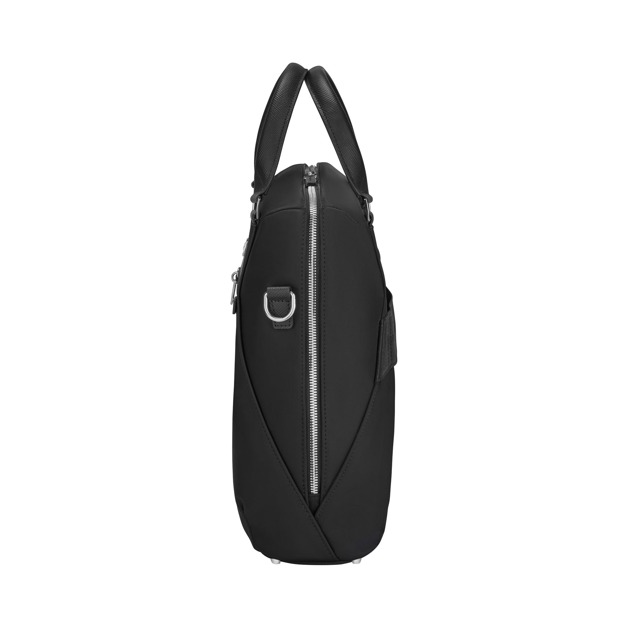 The VICTORINOX Victoria Signature Briefcase showcases a side view in sleek black leather with silver hardware. It features cushioned handles, an angular design, and smooth texture for modern sophistication. A visible zipper adds convenience, while a removable pouch offers versatile styling options.