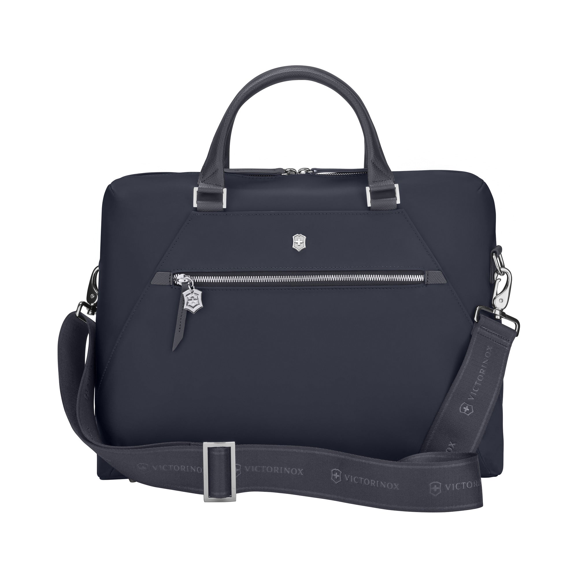 The Victorinox Victoria Signature Briefcase by VICTORINOX is a sleek, black 2-in-1 laptop bag with cushioned leather handles, a detachable shoulder strap with a stylish logo pattern, and a front zipper pocket featuring an emblem. It includes a removable pouch for added convenience.