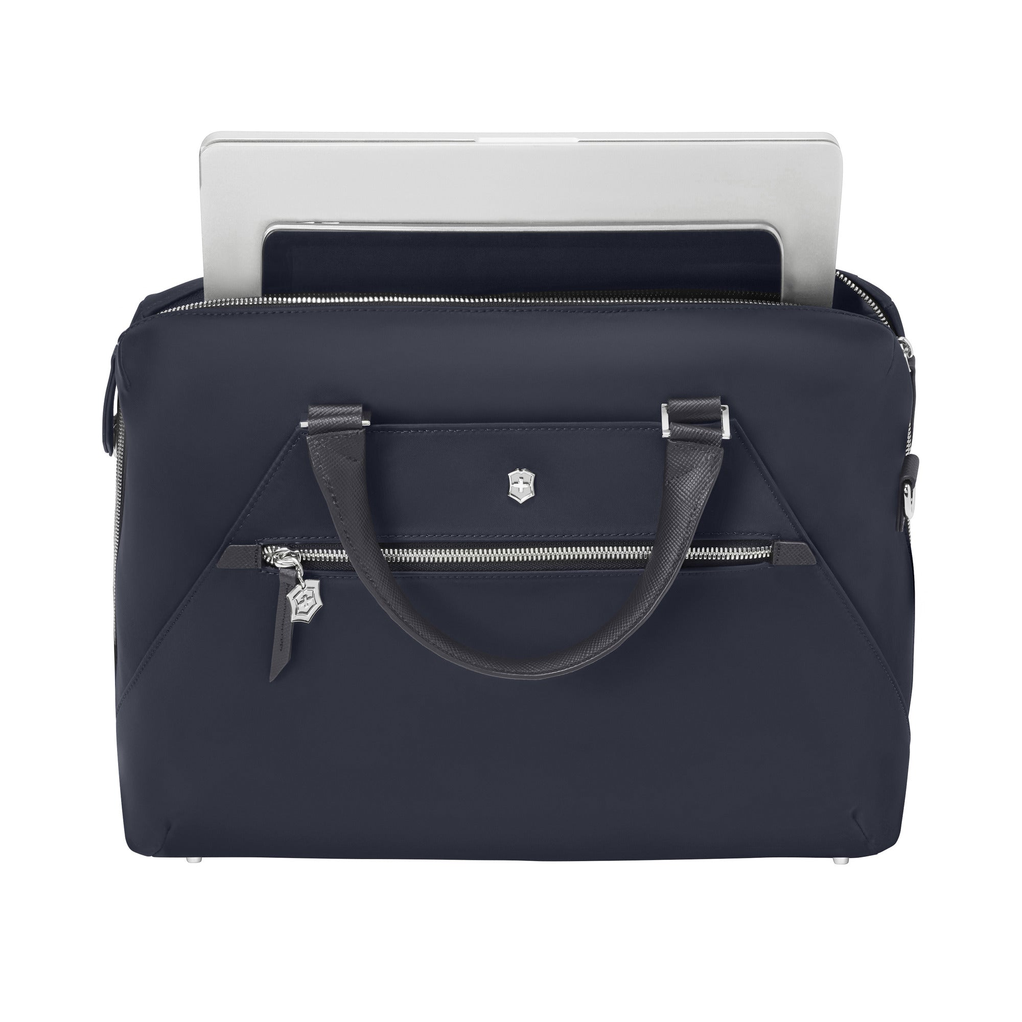 The Victorinox Victoria Signature Briefcase by VICTORINOX is a sleek black leather laptop bag with cushioned handles, a silver zipper, and a front pocket emblem. It offers an open top for partial laptop visibility and includes a detachable shoulder strap for versatile carrying.