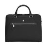 The Victorinox Victoria Signature Briefcase by VICTORINOX is a sleek black bag with leather handles, a top zipper, a front zippered pocket with logo, silver hardware, and a detachable strap. It also functions as a versatile 2-in-1 bag.