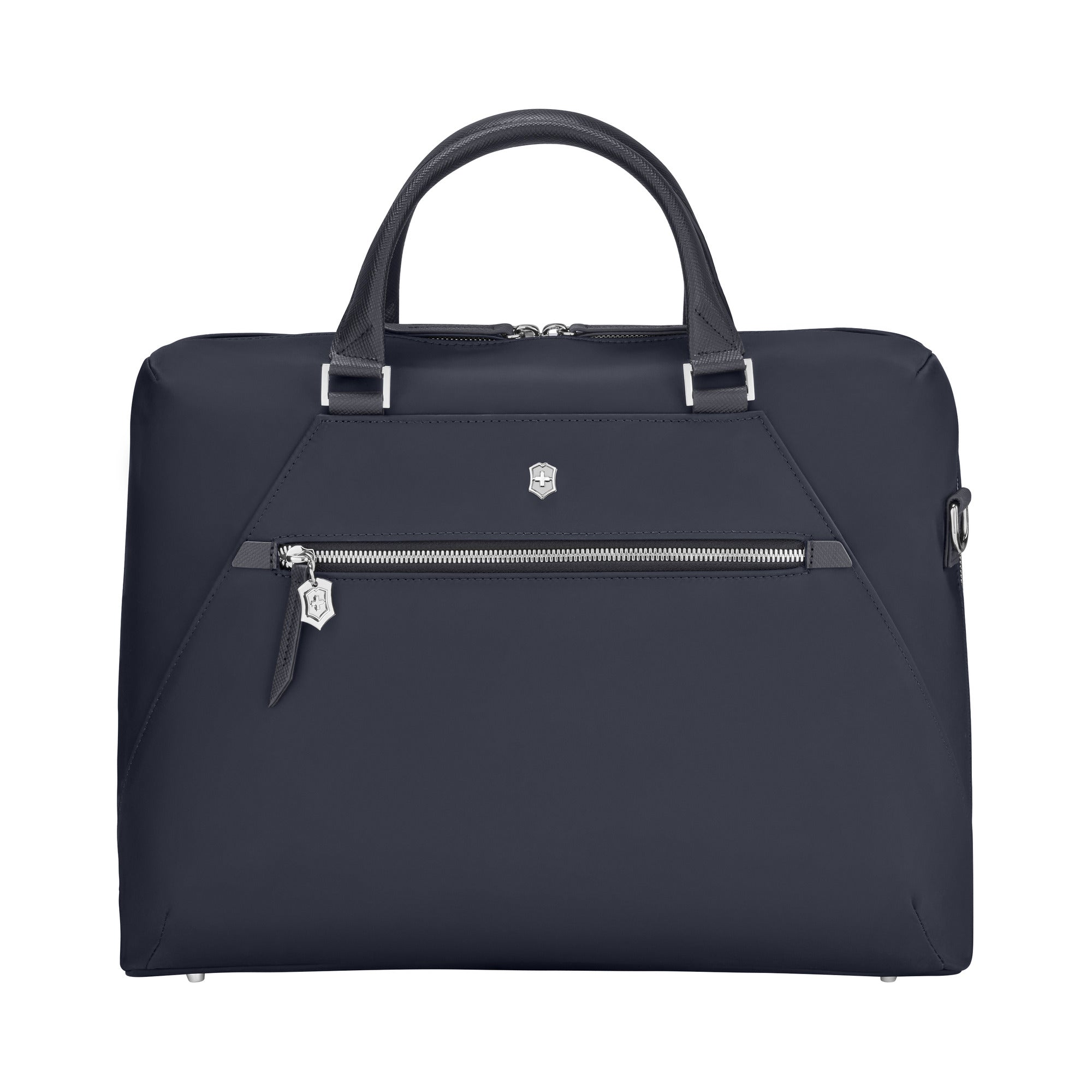 The Victorinox Victoria Signature Briefcase by VICTORINOX is sleek and modern, featuring cushioned leather handles, an exterior zipper pocket with a silver pull, and a small center emblem.