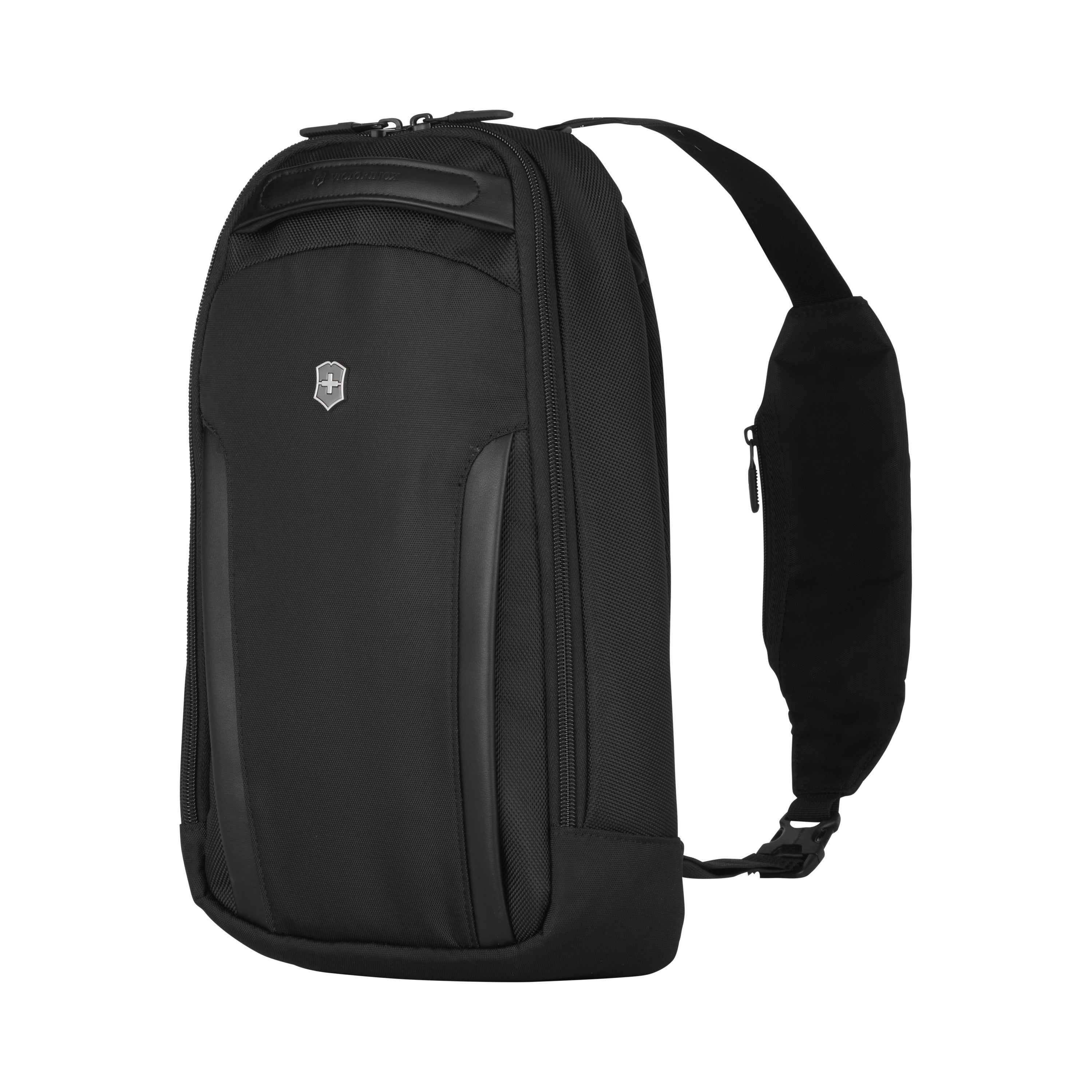 The Victorinox Altmont Professional Tablet Sling Bag by VICTORINOX is a sleek black backpack with adjustable shoulder straps and a front logo. Made from abrasion-resistant fabric, it includes multiple zippered compartments, ideal for tablet protection during travel or daily use.
