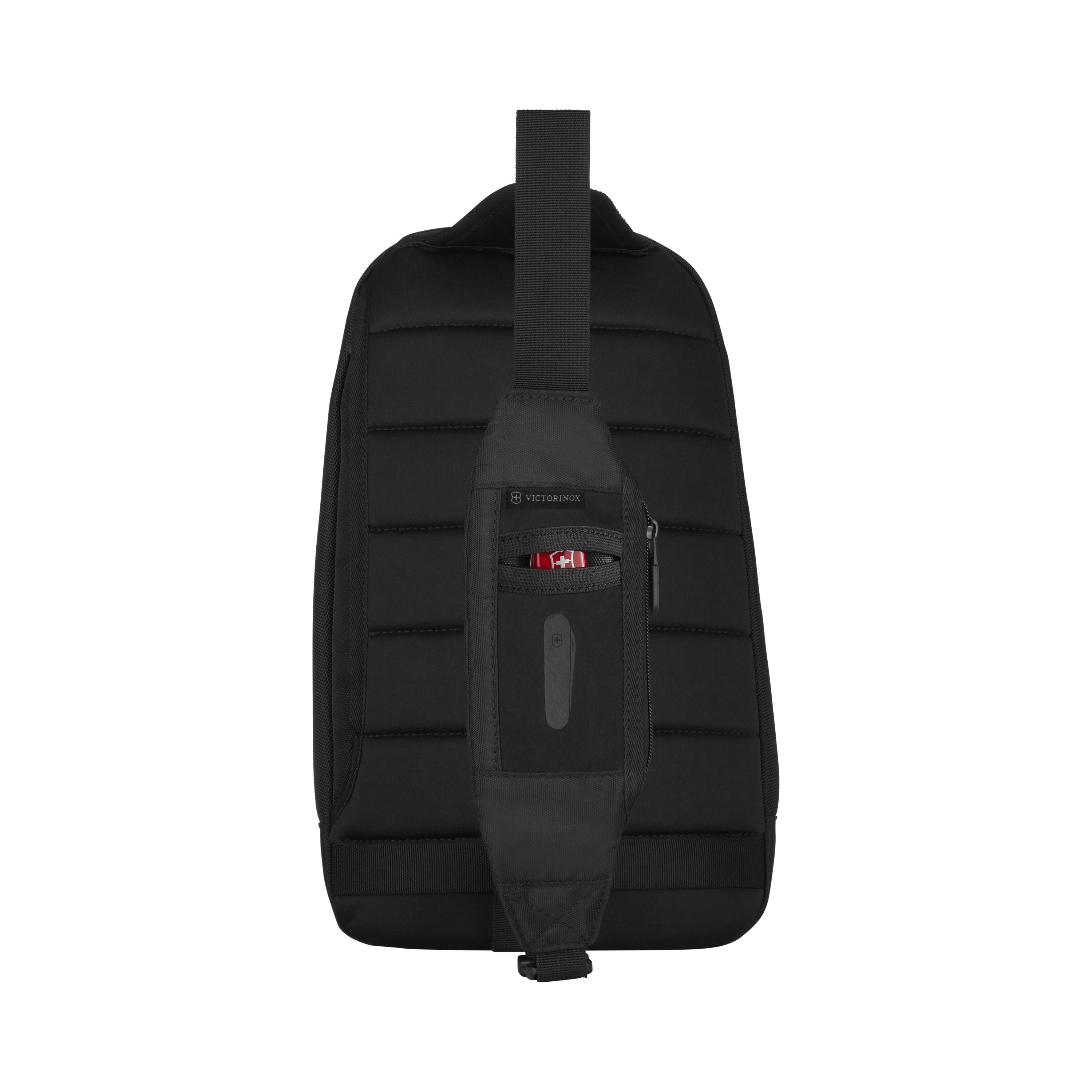 The Victorinox Altmont Professional Tablet Sling Bag from VICTORINOX is a sleek black bag with a front zip pocket, horizontal stitching, abrasion-resistant fabric, tablet protection, and an adjustable shoulder strap with a small logo.