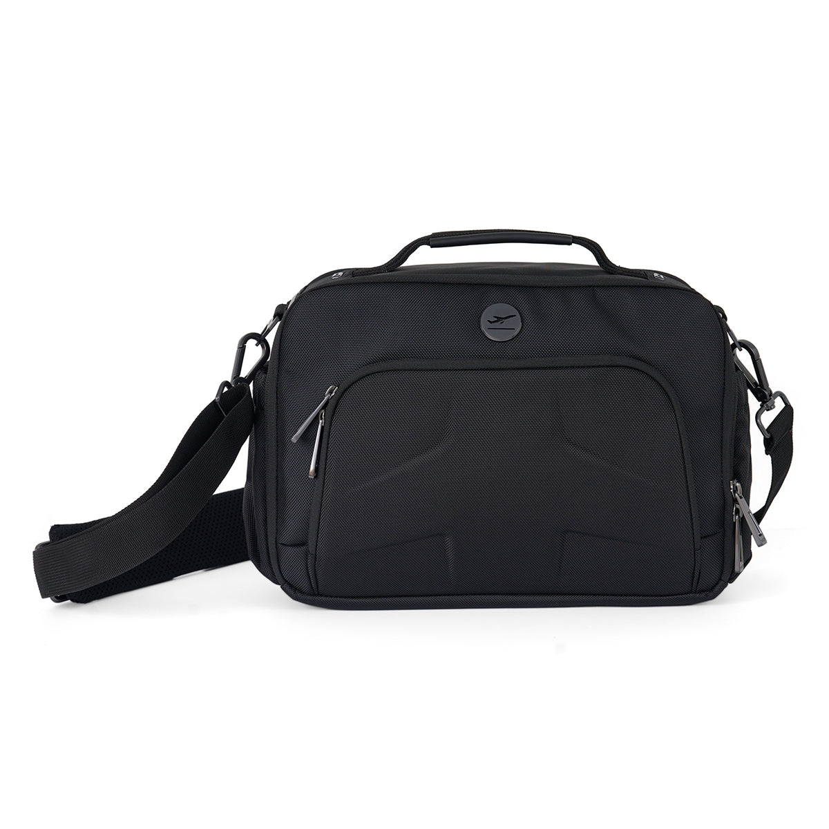 The Boeing Commuter Flight Bag by Boeing features black ballistic nylon, a top handle, front zippered pocket, adjustable shoulder strap, and subtle front logo—crafted for durability for pilots on the go.