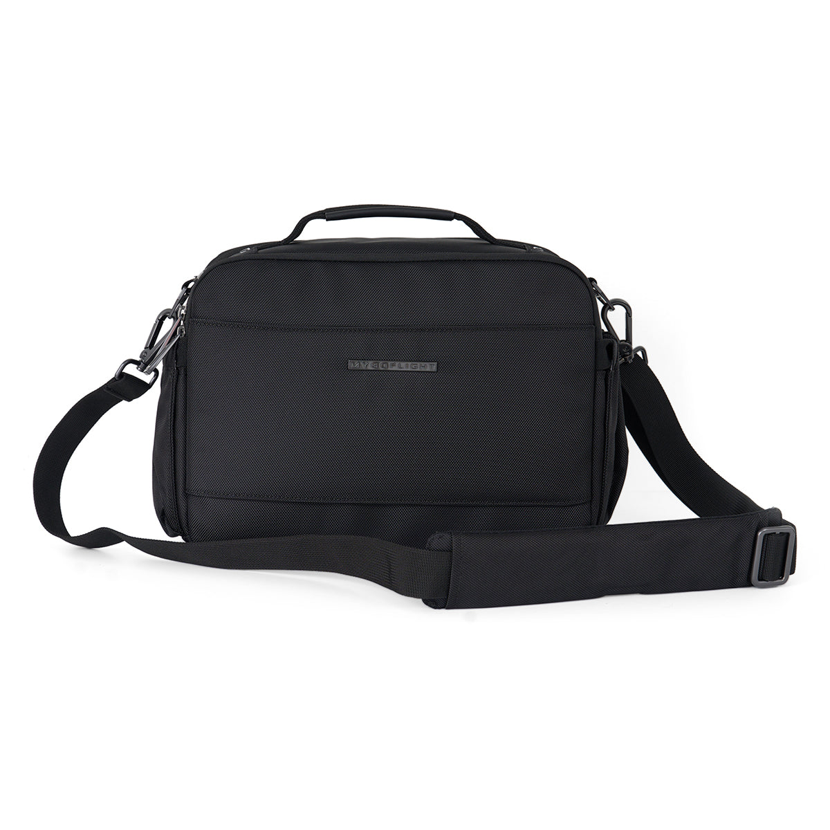 The MyGoFlight Commuter Flight Bag by Boeing is a black, rectangular shoulder bag crafted from durable ballistic nylon, with a top handle, adjustable strap, zippered main compartment, and subtle front branding.