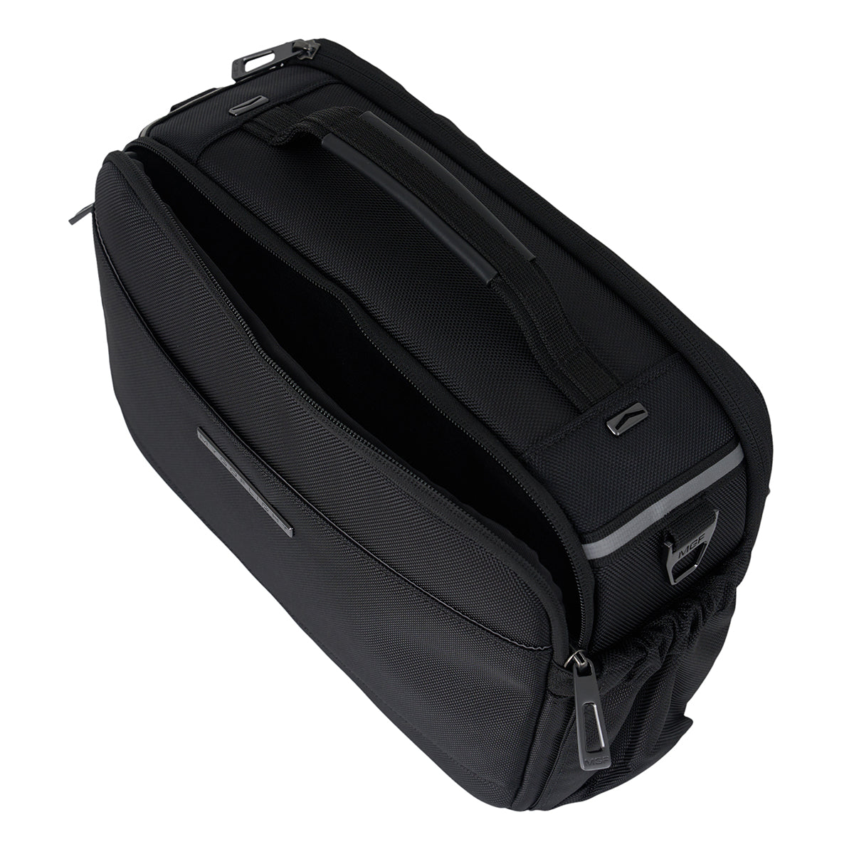 The Boeing MyGoFlight Commuter Flight Bag is a black, rectangular ballistic nylon bag with multiple zippered compartments, a top handle, side pocket, and spacious interior sections visible through its partially open design.