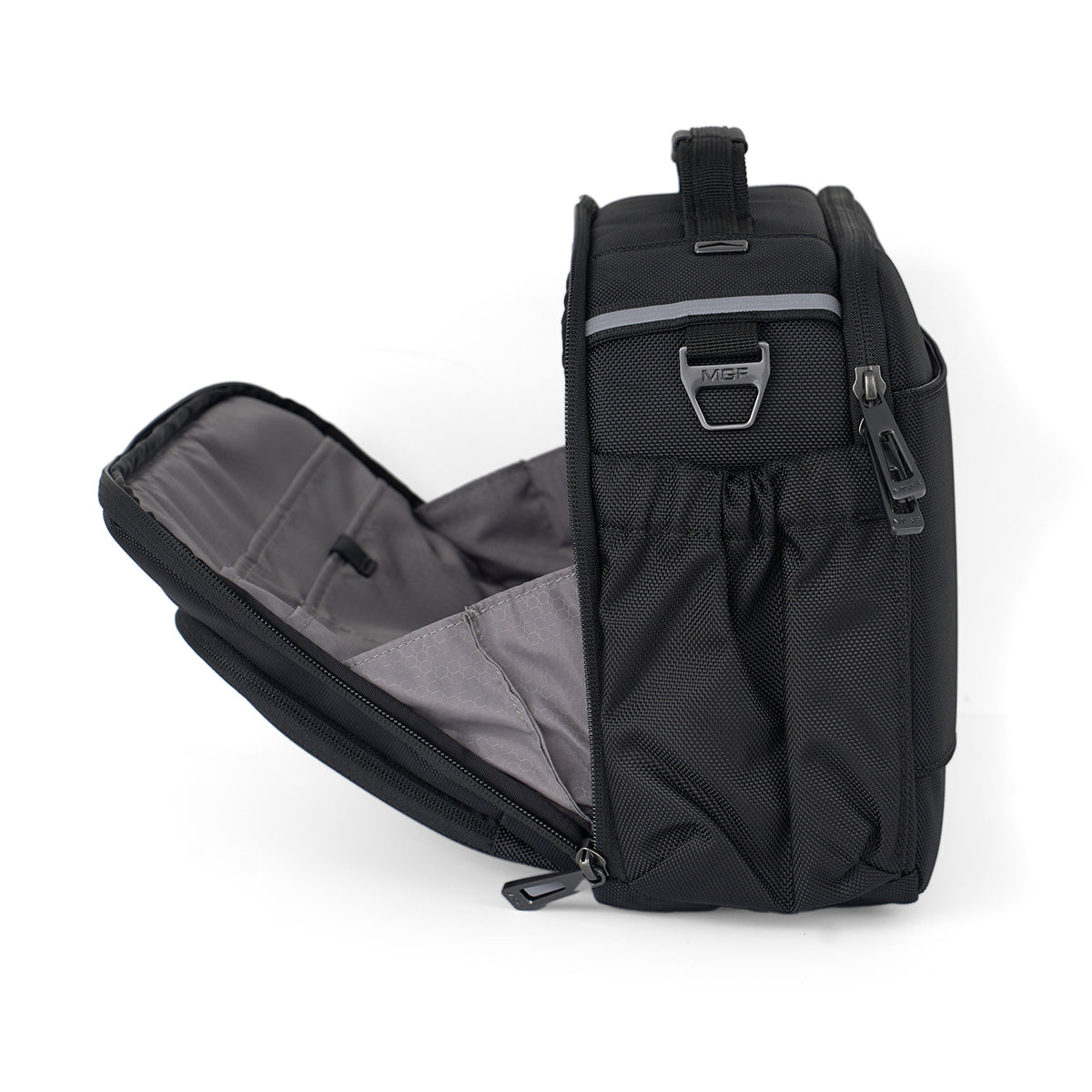 The Boeing MyGoFlight Commuter Flight Bag is a black, rectangular ballistic nylon bag with a front zip pocket revealing a gray padded, organized interior. It features a metal clip and top handle for convenience.
