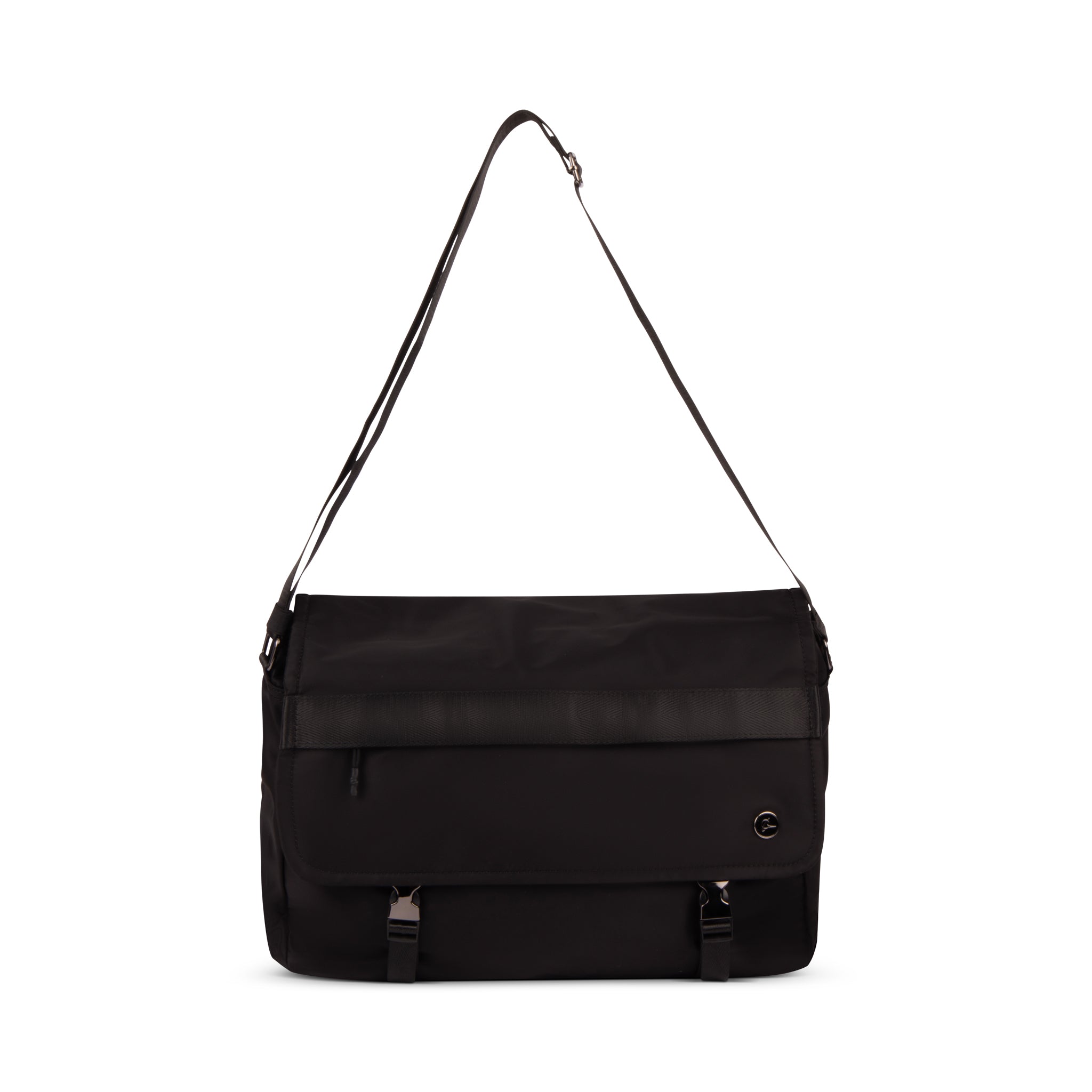 The Boeing Symbol Compact Briefcase by BOEING is a black messenger bag featuring a compact design, adjustable shoulder strap, front flap with two buckle closures, and a small circular logo on the bottom right corner.
