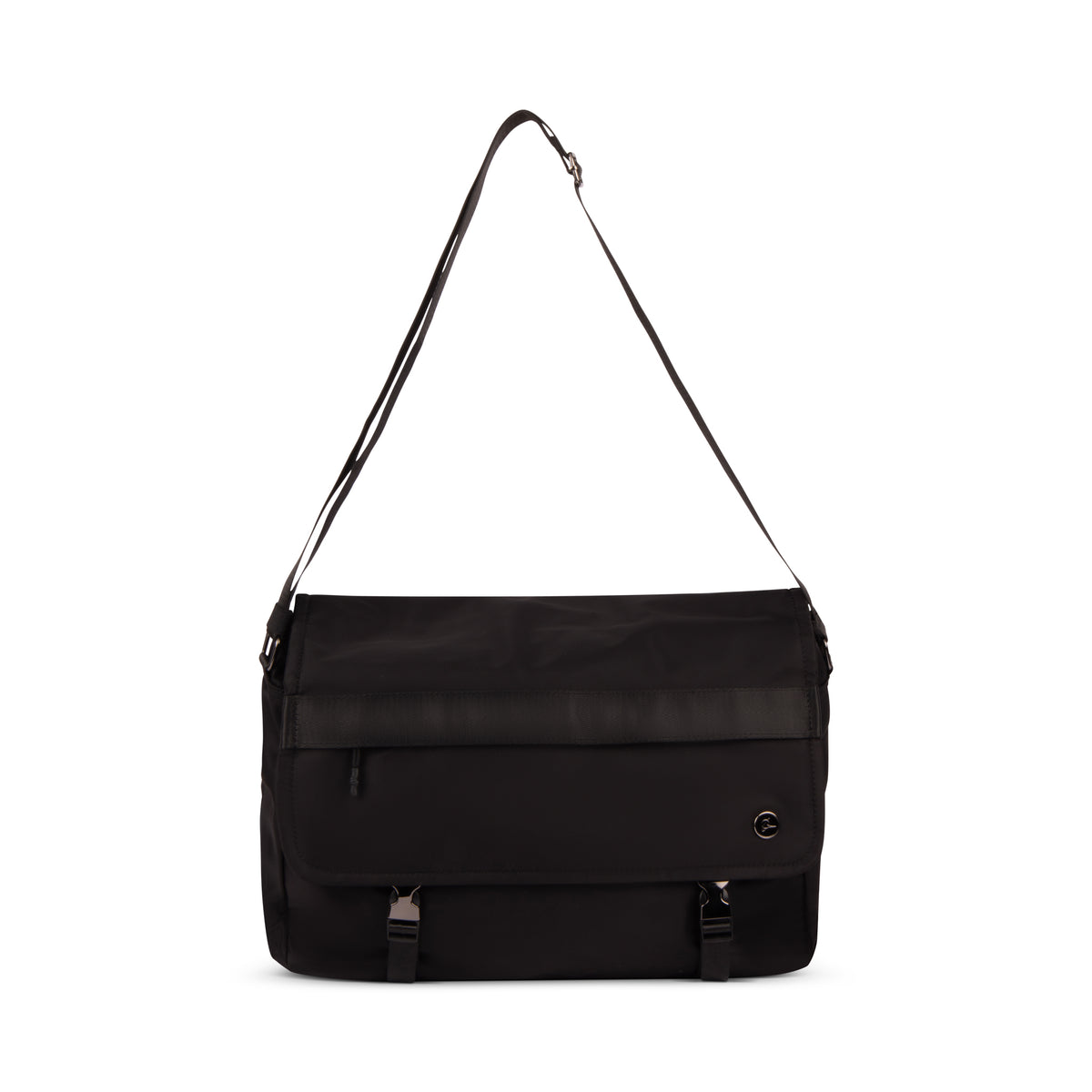 The Boeing Symbol Compact Briefcase by BOEING is a black messenger bag featuring a compact design, adjustable shoulder strap, front flap with two buckle closures, and a small circular logo on the bottom right corner.