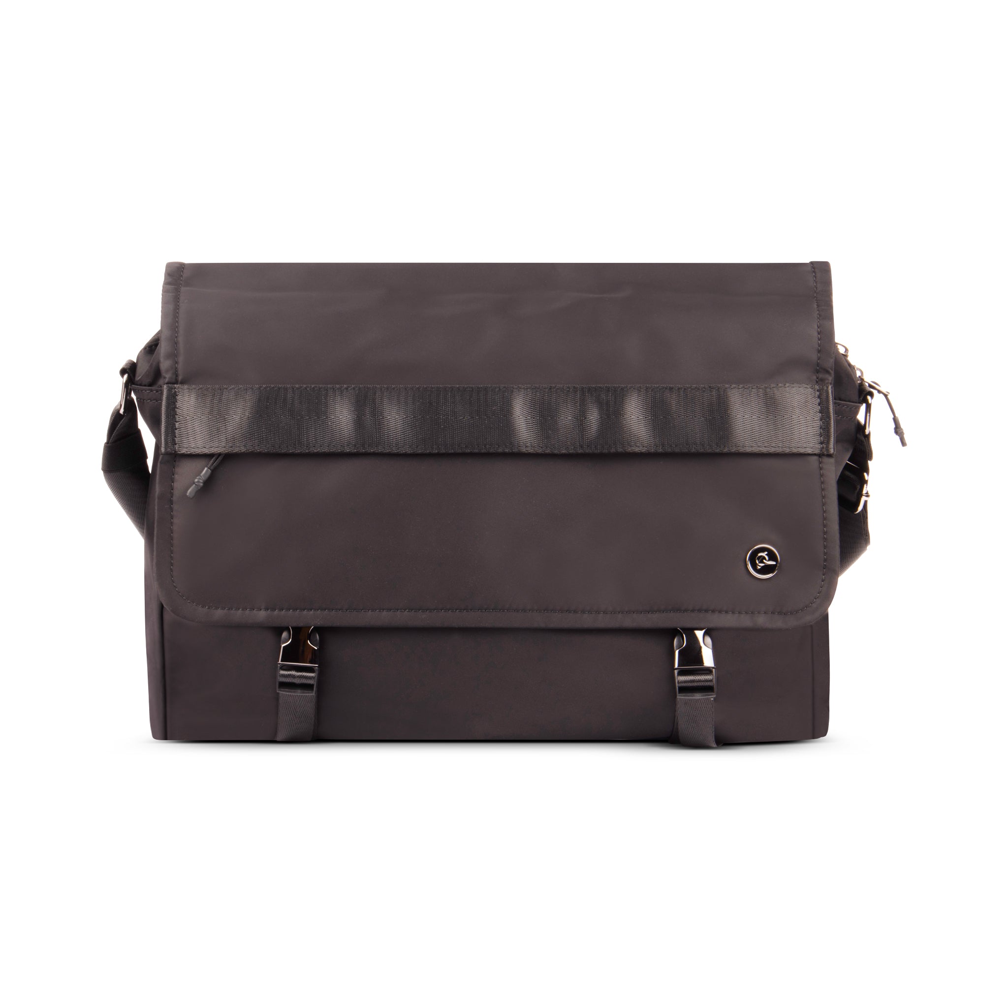 The Boeing Symbol Compact Briefcase by BOEING is a black, scratch-resistant nylon messenger bag with a flap closure, two silver buckles, shoulder strap, and a compact design featuring a small round logo on the flap’s lower right corner.