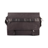 The Boeing Symbol Compact Briefcase by BOEING is a black, scratch-resistant nylon messenger bag with a flap closure, two silver buckles, shoulder strap, and a compact design featuring a small round logo on the flap’s lower right corner.