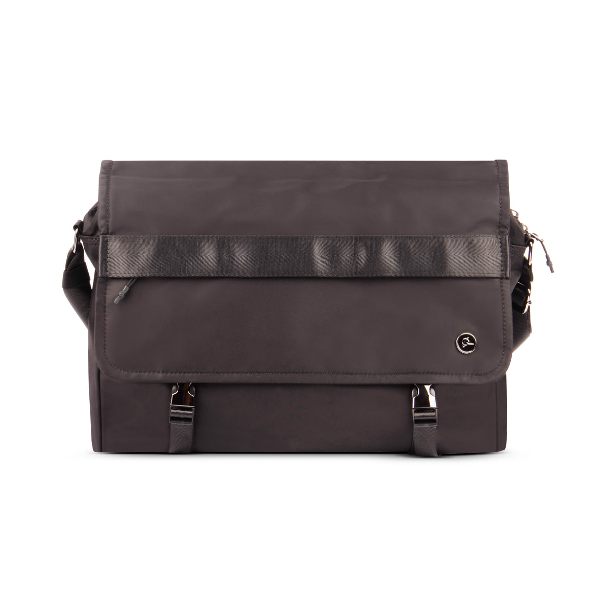 The Boeing Symbol Compact Briefcase by BOEING is a black, scratch-resistant nylon messenger bag with a flap closure, two silver buckles, shoulder strap, and a compact design featuring a small round logo on the flap’s lower right corner.