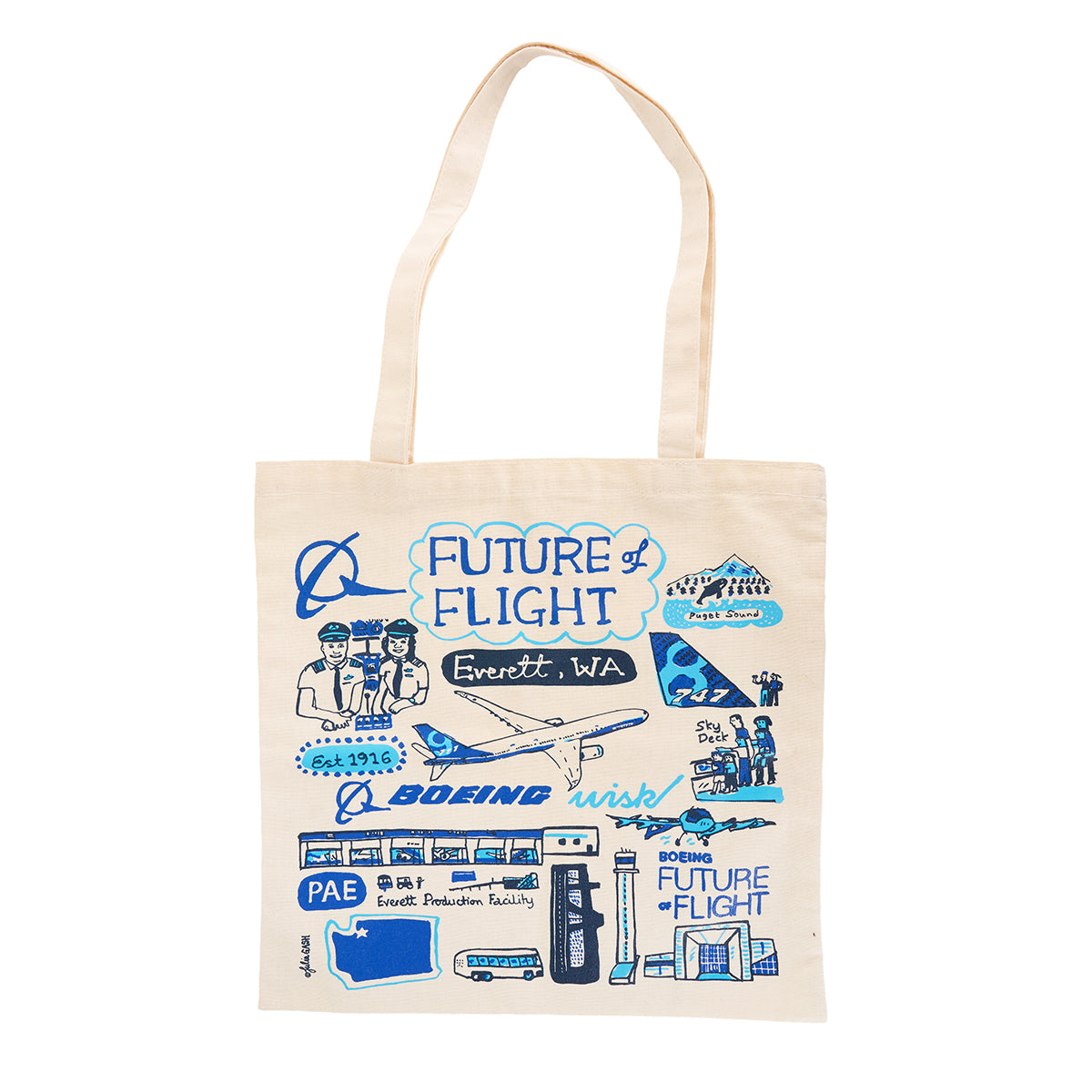 The BOEING Future of Flight Destination Canvas Tote Bag features Julia Gashs blue illustrations of airplanes, buildings, people, and aviation-themed words celebrating the Everett, WA attraction.
