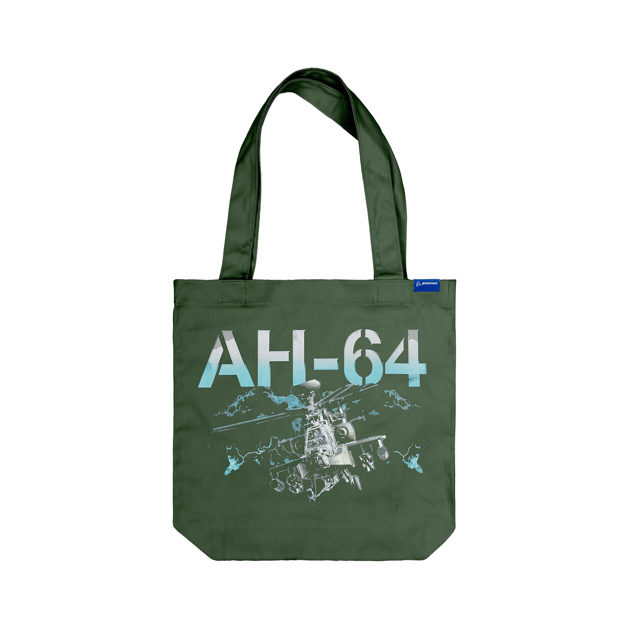 The BOEING AH-64 Apache Graphic Tote features long handles and a bold helicopter graphic with technical line drawings—ideal for aviation enthusiasts and Boeing fans.