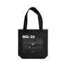 The Boeing MQ-28 Ghost Bat Graphic Tote by BOEING features gridlines, aircraft line drawings, and bold "MQ-28 GHOST BAT" text—ideal for aviation fans and those who admire cutting-edge unmanned flight technology.