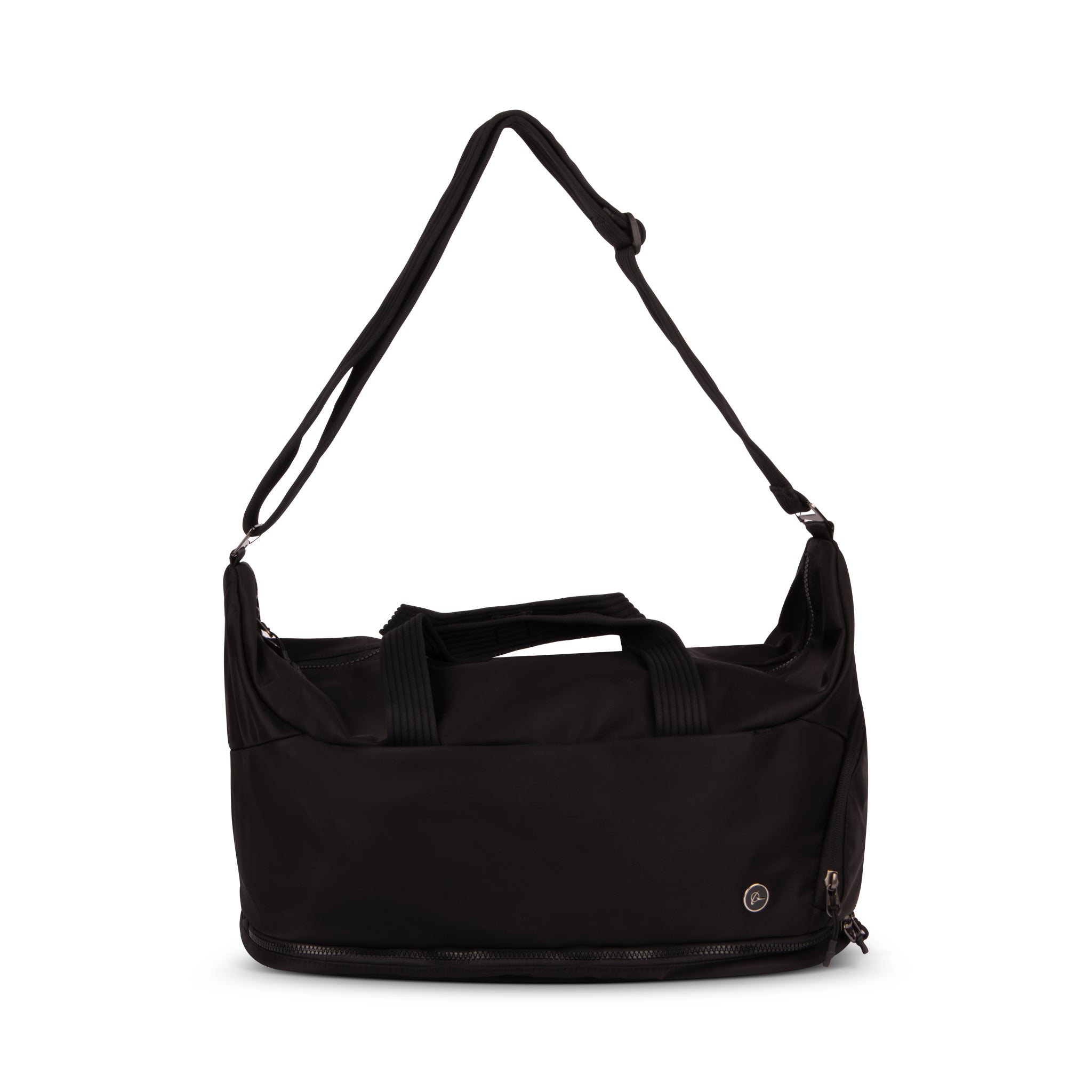 The Boeing Symbol Duffle Bag by BOEING is a black duffel with double handles, an adjustable shoulder strap, a bottom zipper pocket, and a small Boeing logo on the front lower corner.