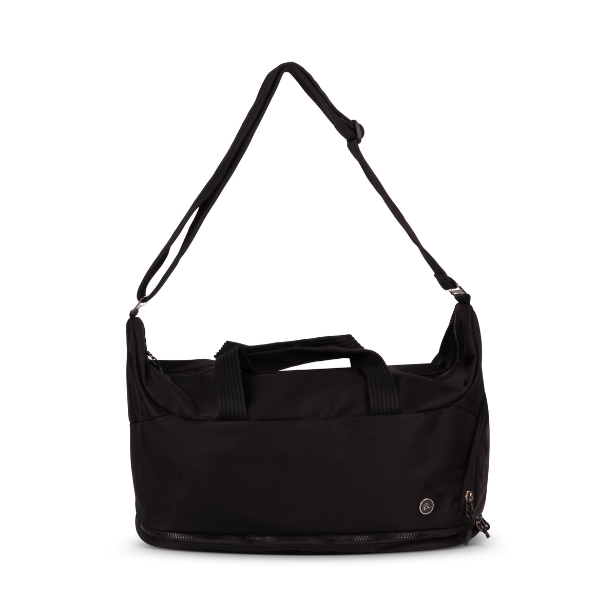 The Boeing Symbol Duffle Bag by BOEING is a black duffel with double handles, an adjustable shoulder strap, a bottom zipper pocket, and a small Boeing logo on the front lower corner.