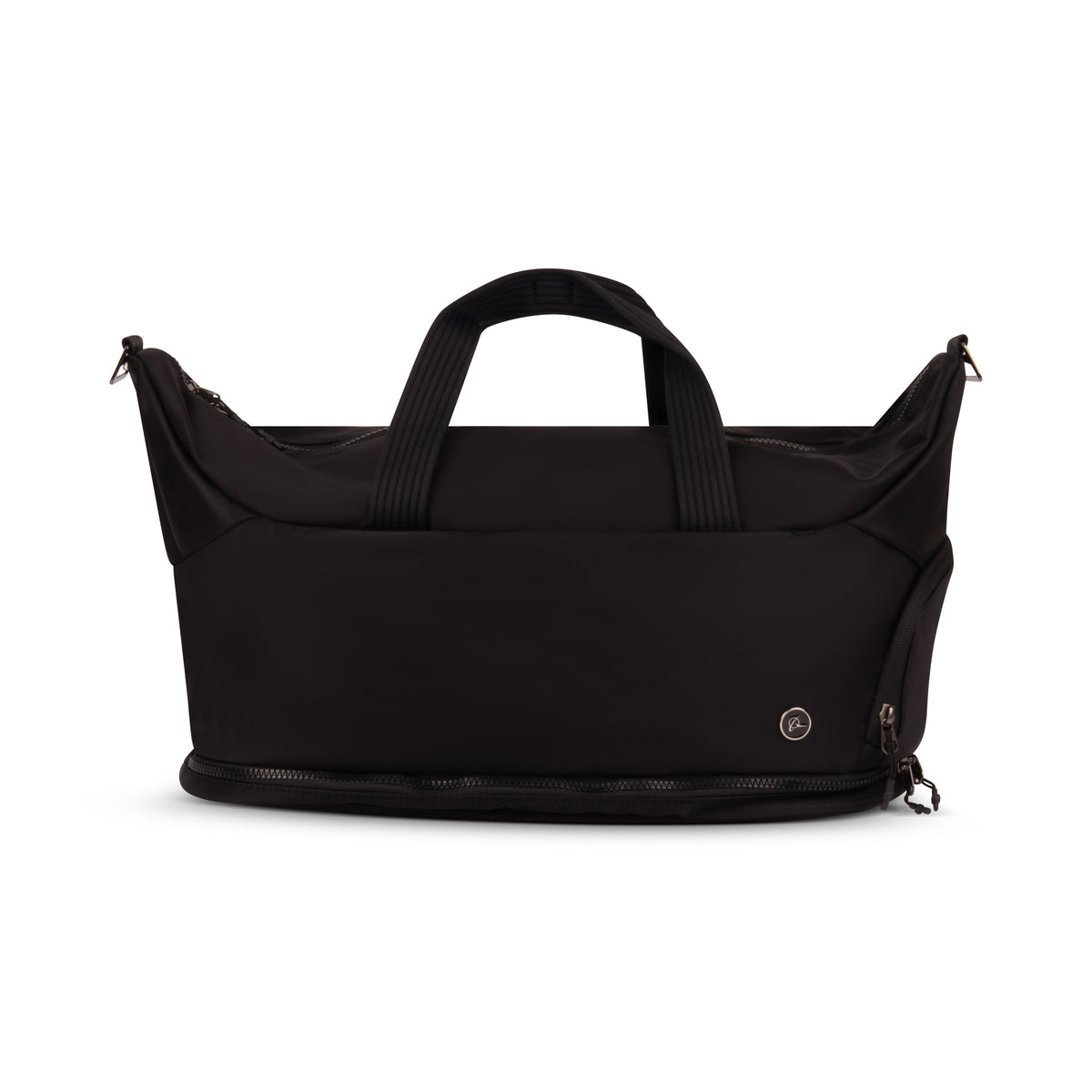 The Boeing Symbol Duffle Bag by BOEING is black with two handles, a shoulder strap, multiple zippers, and features a small round Boeing logo in the lower right corner.