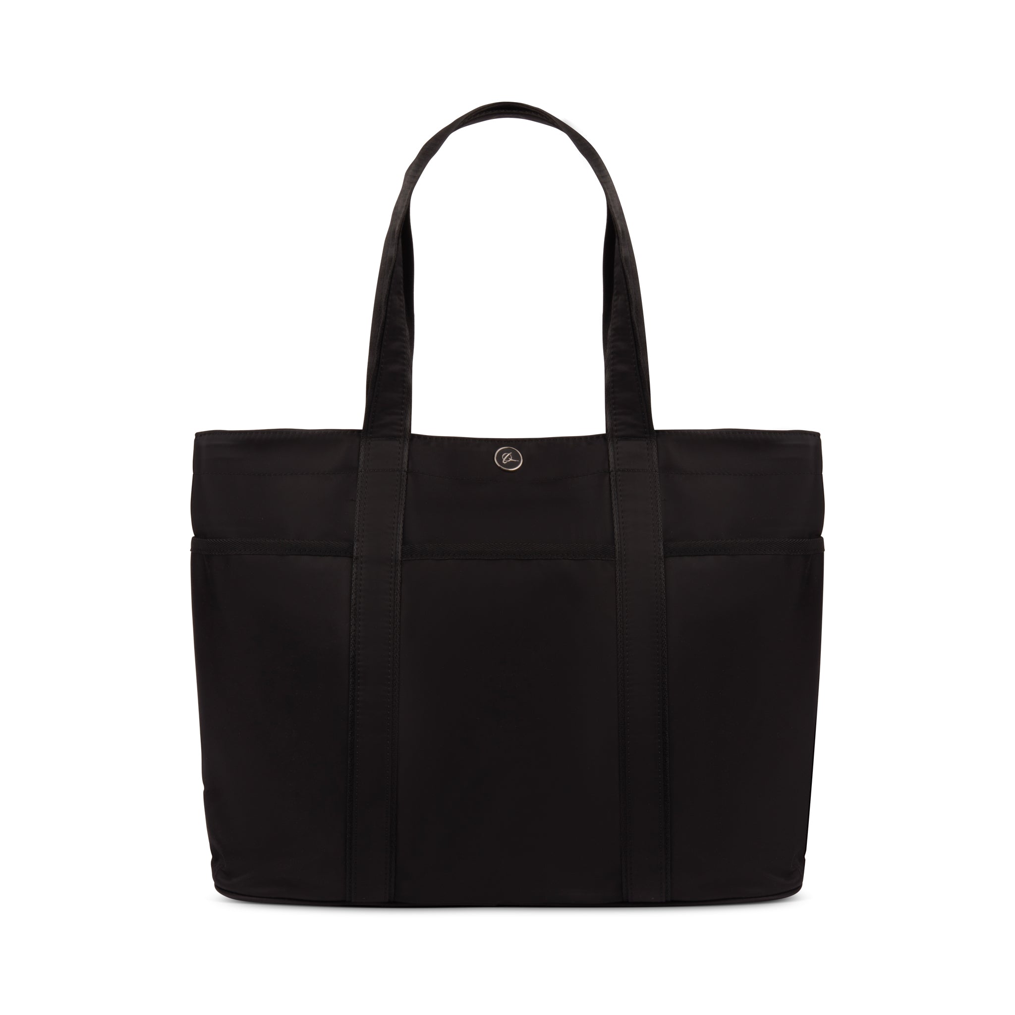 The Boeing Symbol Tote With Small Pouch by BOEING features two shoulder straps, a circular Boeing logo on the front, visible seams, and a minimalist design in sturdy black fabric.