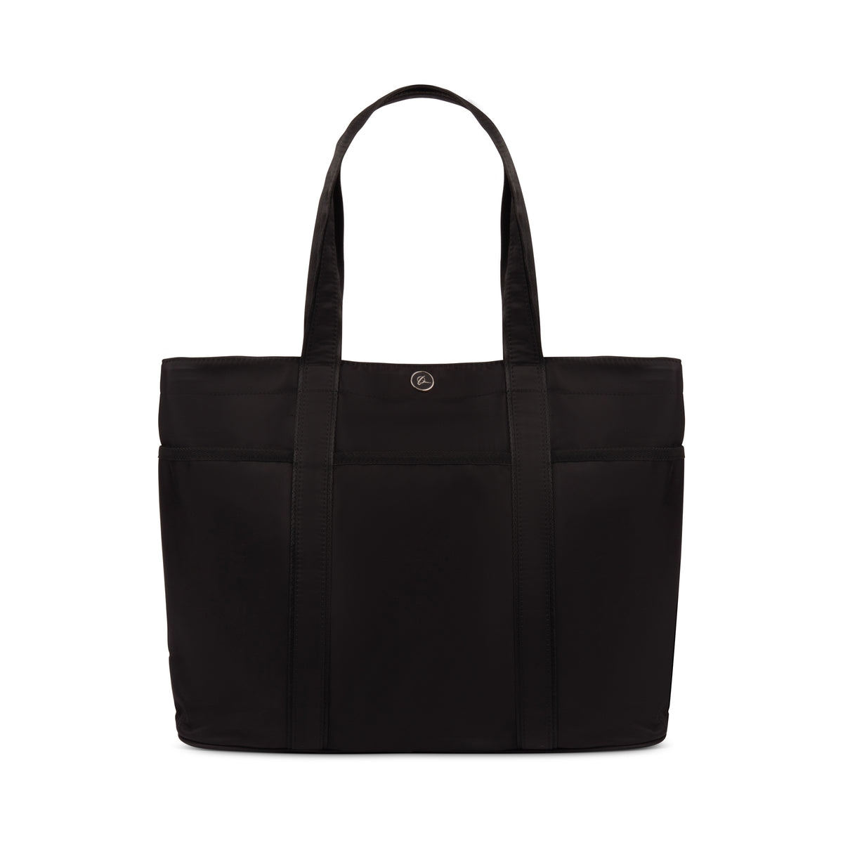 The Boeing Symbol Tote With Small Pouch by BOEING features two shoulder straps, a circular Boeing logo on the front, visible seams, and a minimalist design in sturdy black fabric.