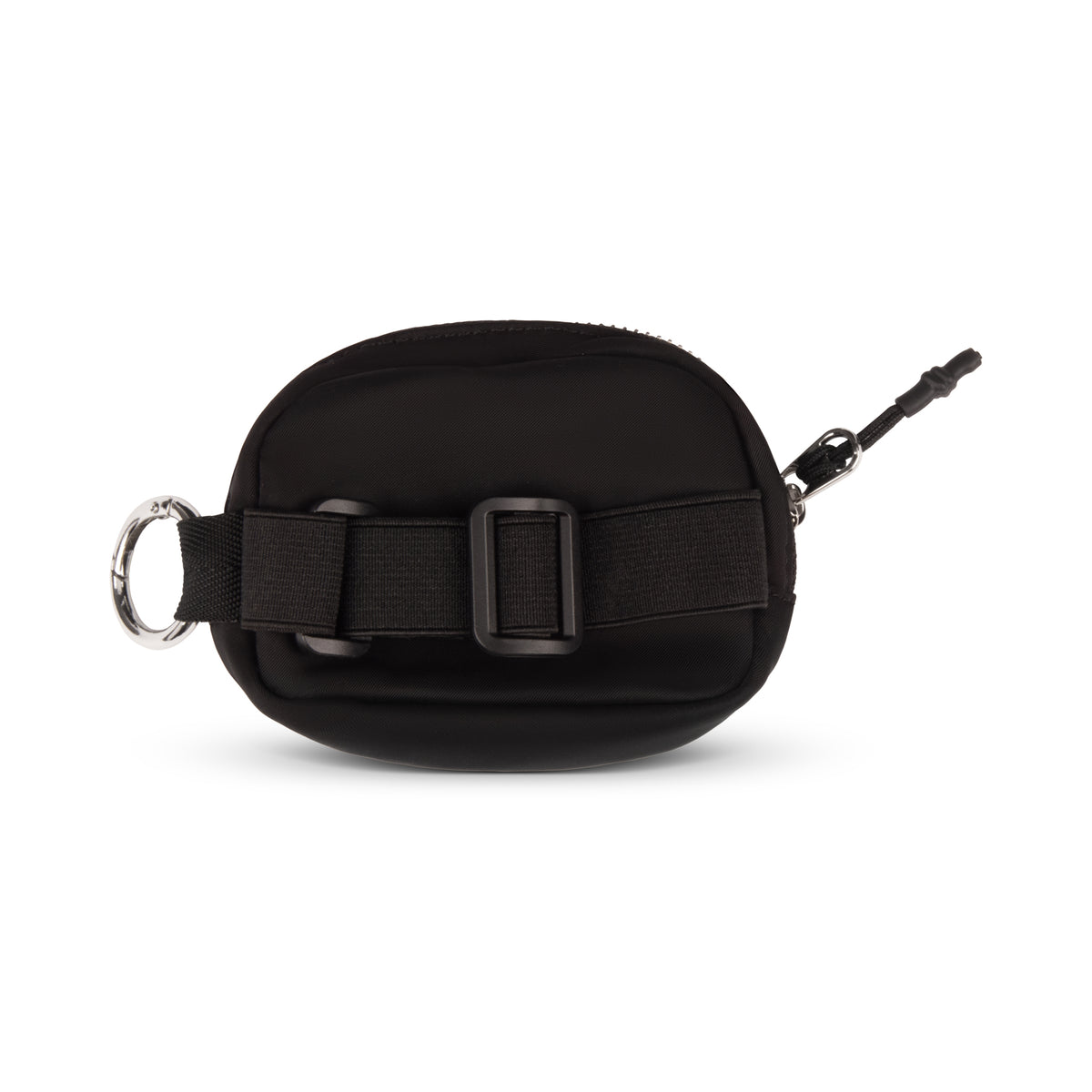 The Boeing Symbol Tote With Small Pouch by BOEING features a black zippered pouch, front buckle strap, left metal ring, right black clip, and Boeing logo—perfect for carrying small essentials.