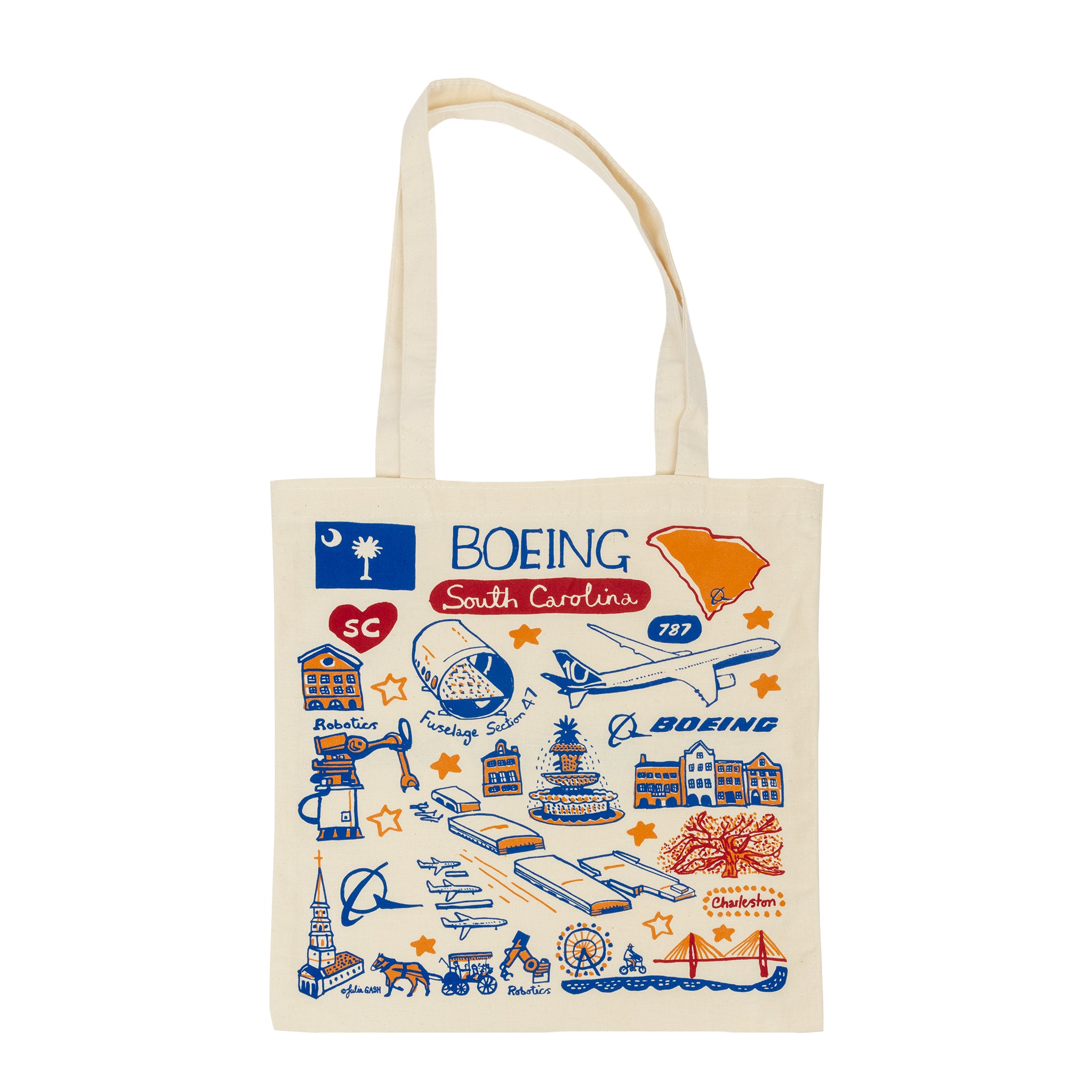 Introducing the Boeing South Carolina Destination Canvas Tote Bag by BOEING—a beige canvas tote adorned with a vibrant Julia Gash design. It showcases blue, orange, and red illustrations of airplanes, iconic South Carolina landmarks, local buildings, and the word “Boeing” prominently displayed at the top.