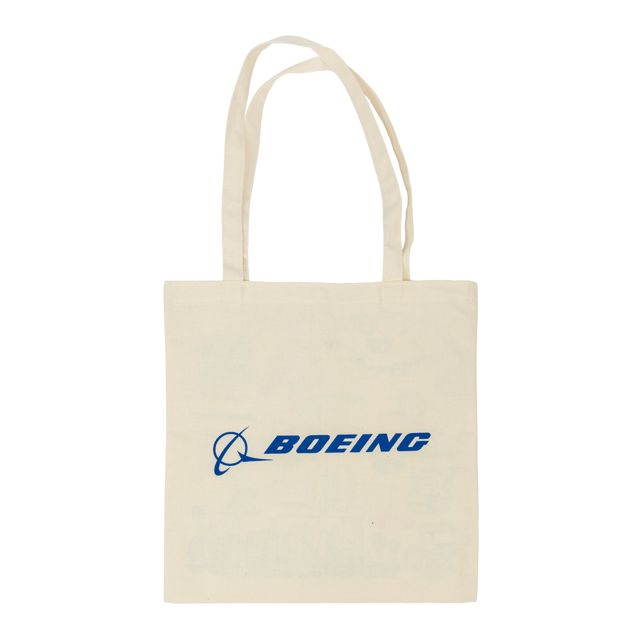 The Boeing South Carolina Destination Canvas Tote Bag by BOEING is a beige canvas bag with long handles, featuring the blue Boeing logo and name prominently in the center, offering both style and practicality.
