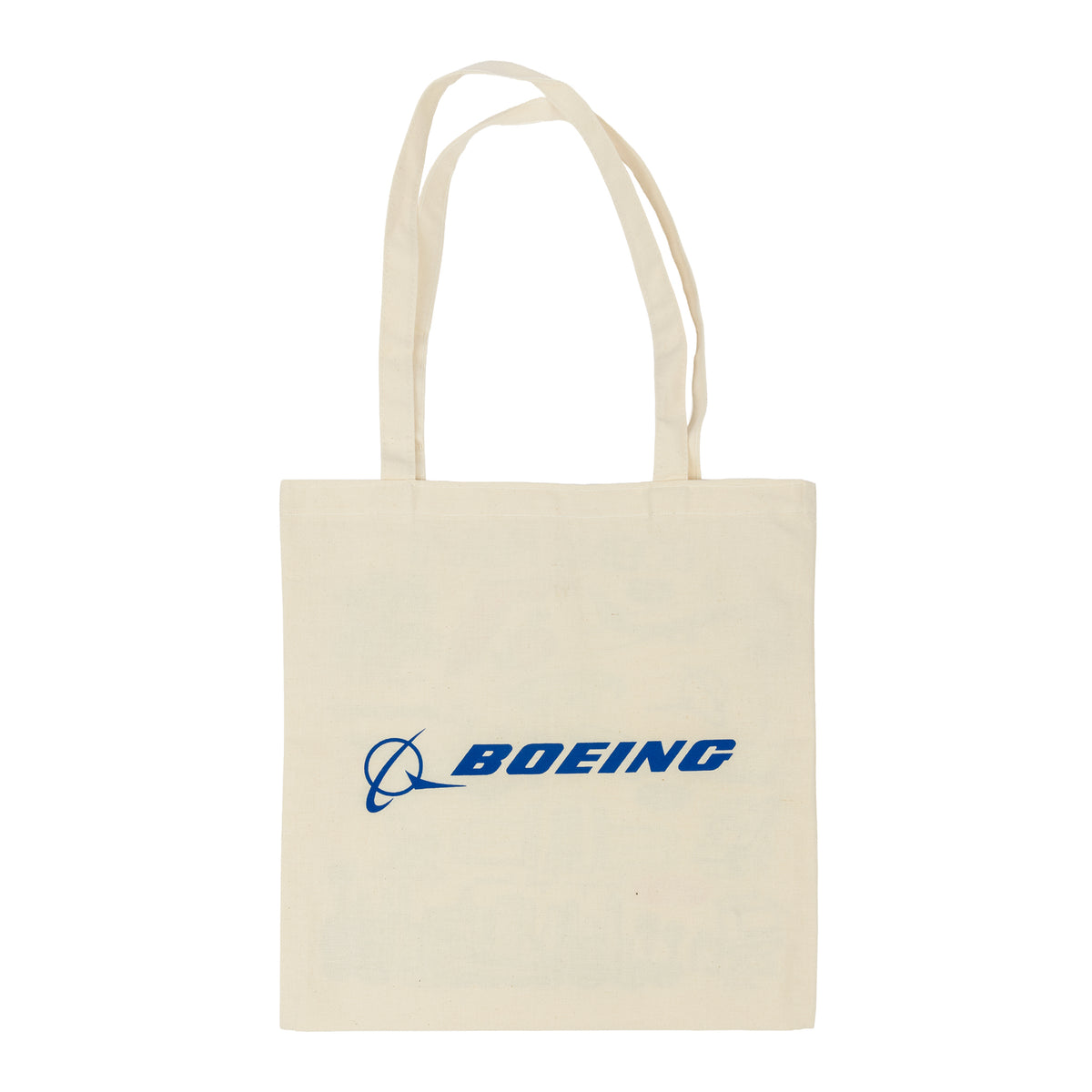 The Boeing South Carolina Destination Canvas Tote Bag by BOEING is a beige canvas bag with long handles, featuring the blue Boeing logo and name prominently in the center, offering both style and practicality.