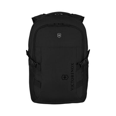 The Victorinox Sport EVO Compact Backpack by Boeing is a black backpack with a logo on the front, multiple compartments, two side pockets, and adjustable shoulder straps. Its sleek design also includes padded laptop pockets, making it ideal for travel or daily use.