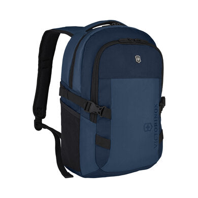 The Victorinox Sport EVO Compact Backpack by Boeing is a blue and black pack with multiple compartments, adjustable shoulder straps, the Victorinox logo on the front, side pockets, padded laptop areas, and buckle straps for added storage and security.