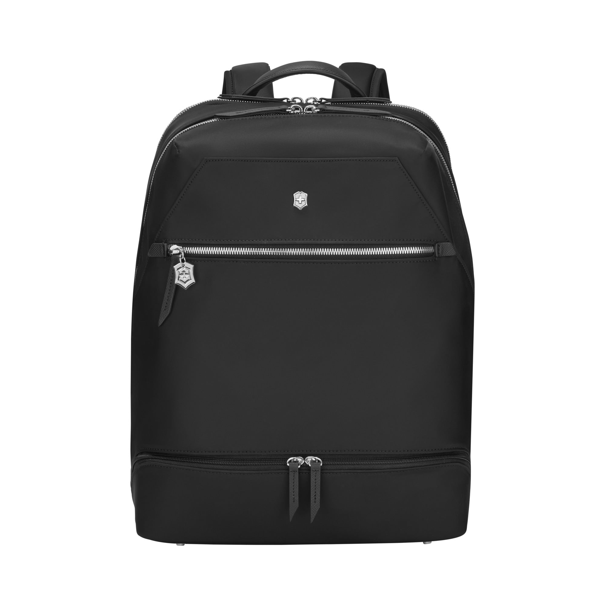 The VICTORINOX Victorinox Victoria Signature Deluxe Backpack is a sleek black pack with silver zippers, a hexagonal logo, odor-inhibiting tech, a top handle, adjustable straps, extra zipper compartments for organization, and a removable pouch.