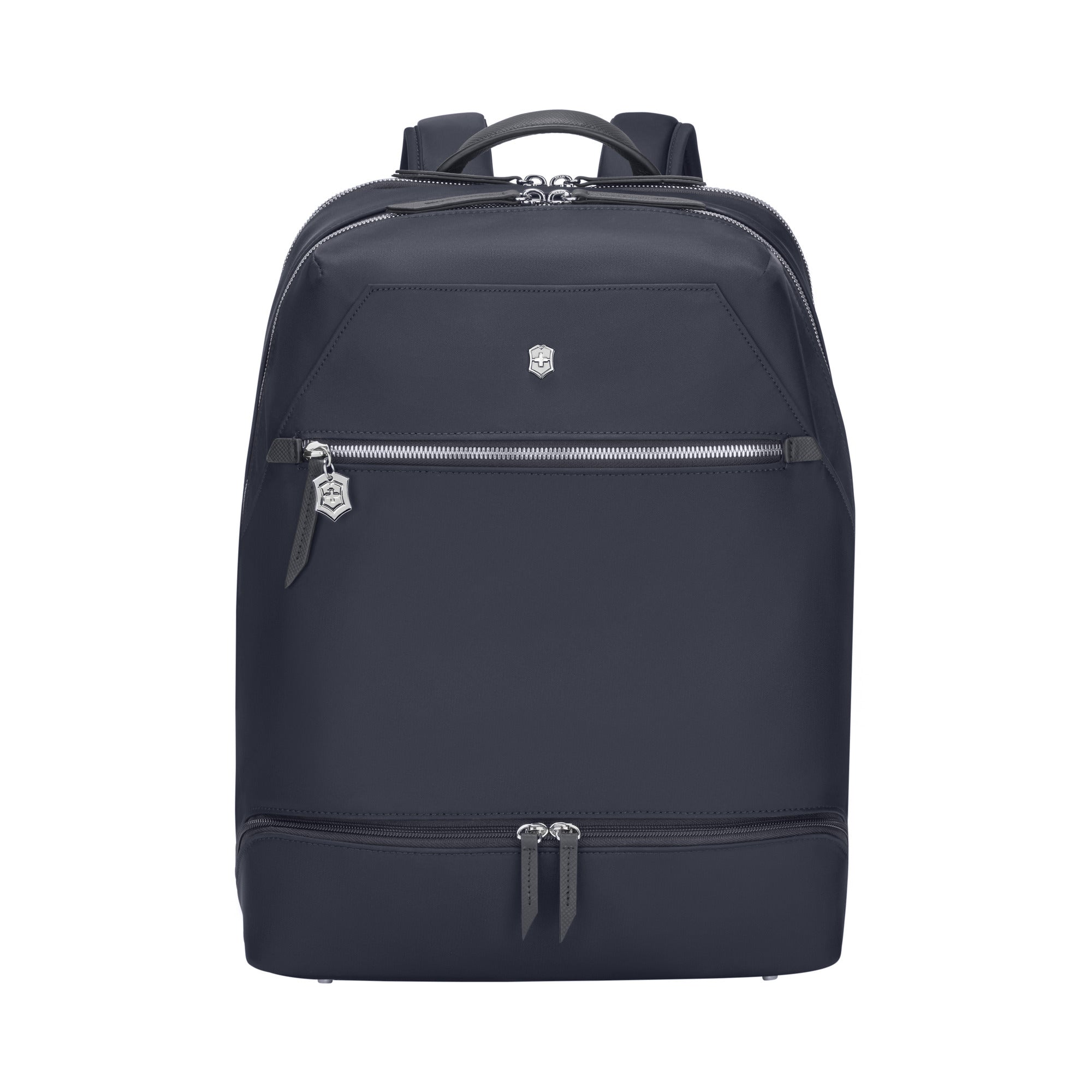 The Victorinox Victoria Signature Deluxe Backpack by VICTORINOX is a sleek, dark blue bag featuring a minimalist design with odor-inhibiting technology, a small metallic logo, two front zippered compartments, leather zipper pulls, padded shoulder straps for comfort, and a convenient removable pouch.