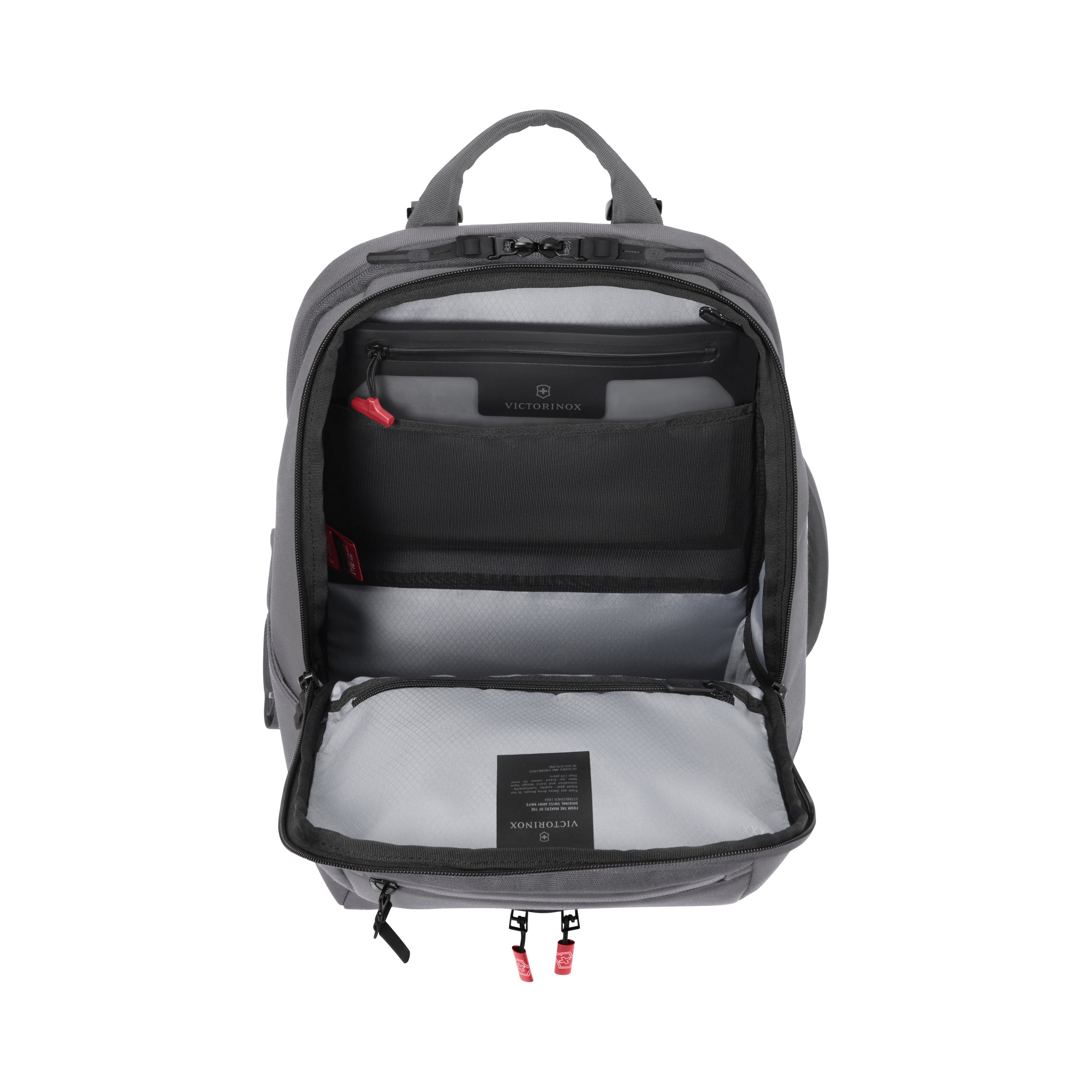 The Victorinox Touring 2.0 Commuter Backpack by VICTORINOX, in gray, is open to reveal multiple compartments including a padded laptop sleeve, mesh pocket, and zippered sections. With Silvadur tech and a concealed storage pocket, this sleek bag ensures durability and organization for daily use.