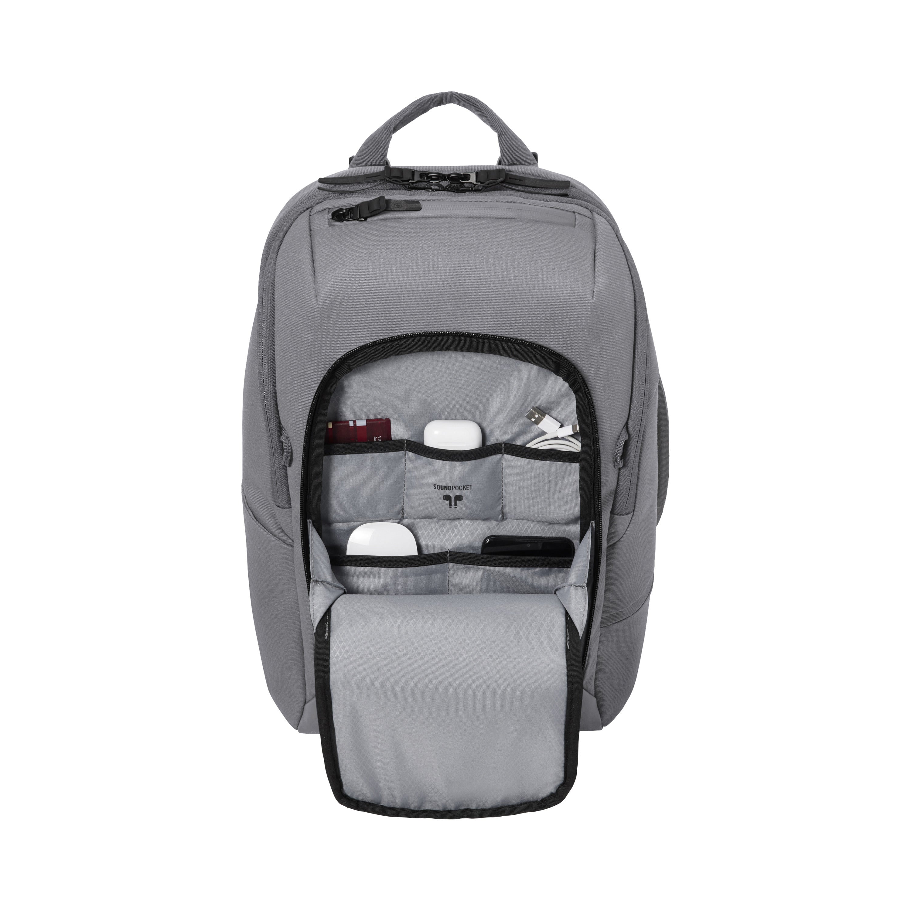 The Victorinox Touring 2.0 Commuter Backpack by VICTORINOX is a gray, minimalist backpack featuring a top handle and an open front pocket displaying organized contents like a red pen, white bottle, and cables. It has water-resistant material and includes a concealed storage pocket for added functionality.