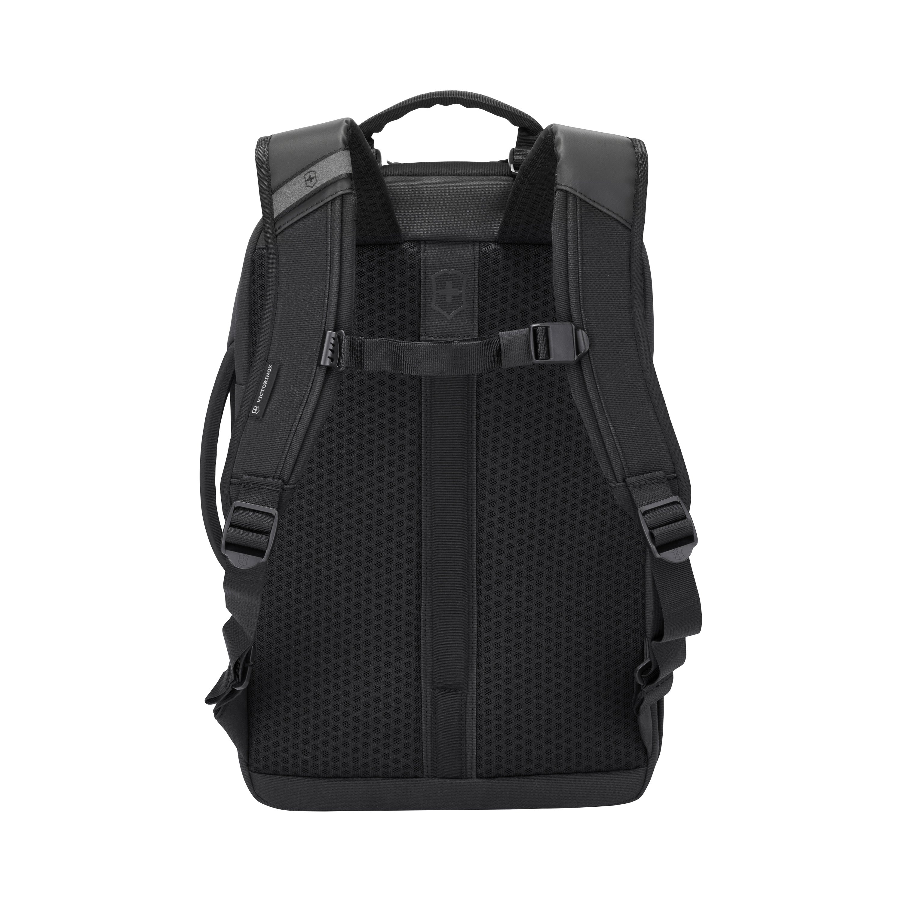 The Victorinox Touring 2.0 Commuter Backpack by VICTORINOX is black with a sturdy handle, adjustable padded shoulder straps, breathable mesh back with support buckles, a concealed pocket, and a small logo near the top.