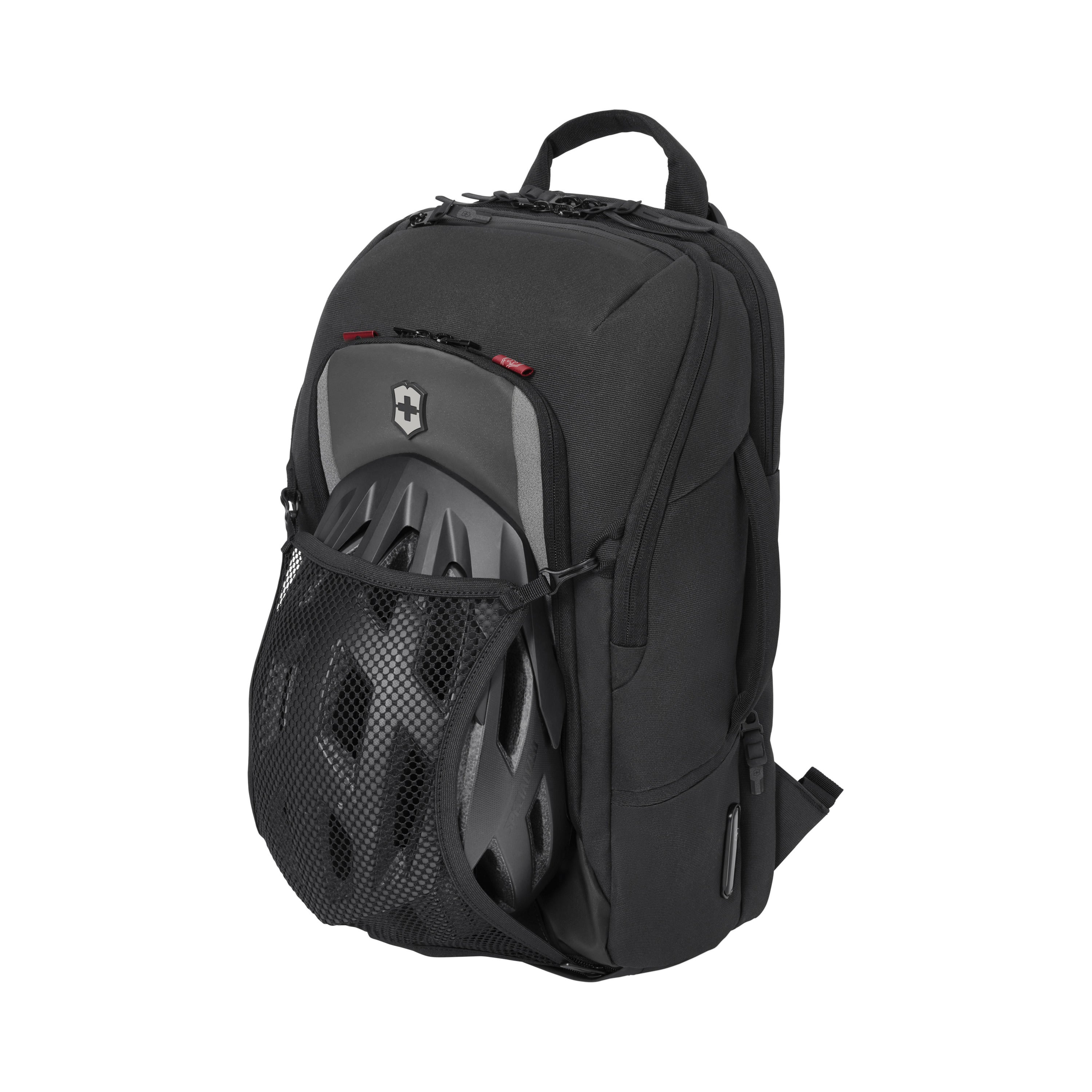 The Victorinox Touring 2.0 Commuter Backpack by VICTORINOX is black and water-resistant, featuring a front mesh pocket for a bicycle helmet, multiple compartments including a concealed pocket, a carrying handle on top, and a discreet central logo.