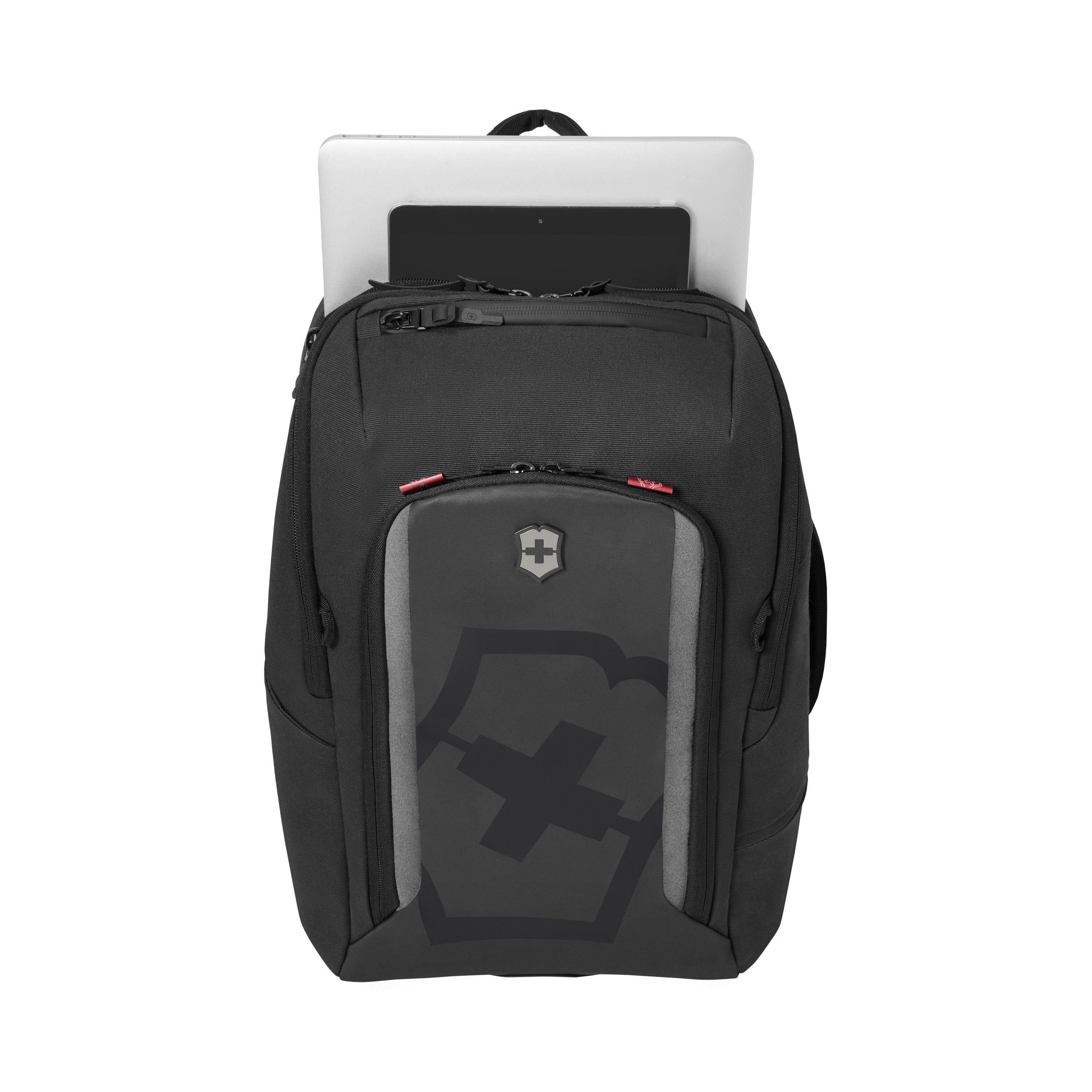 The Victorinox Touring 2.0 Commuter Backpack from VICTORINOX is black, water-resistant, and holds a laptop in the top compartment. It features a shield logo with a cross, zippered pockets, side compartments, and a concealed pocket. Its modern design is enhanced by Silvadur technology.