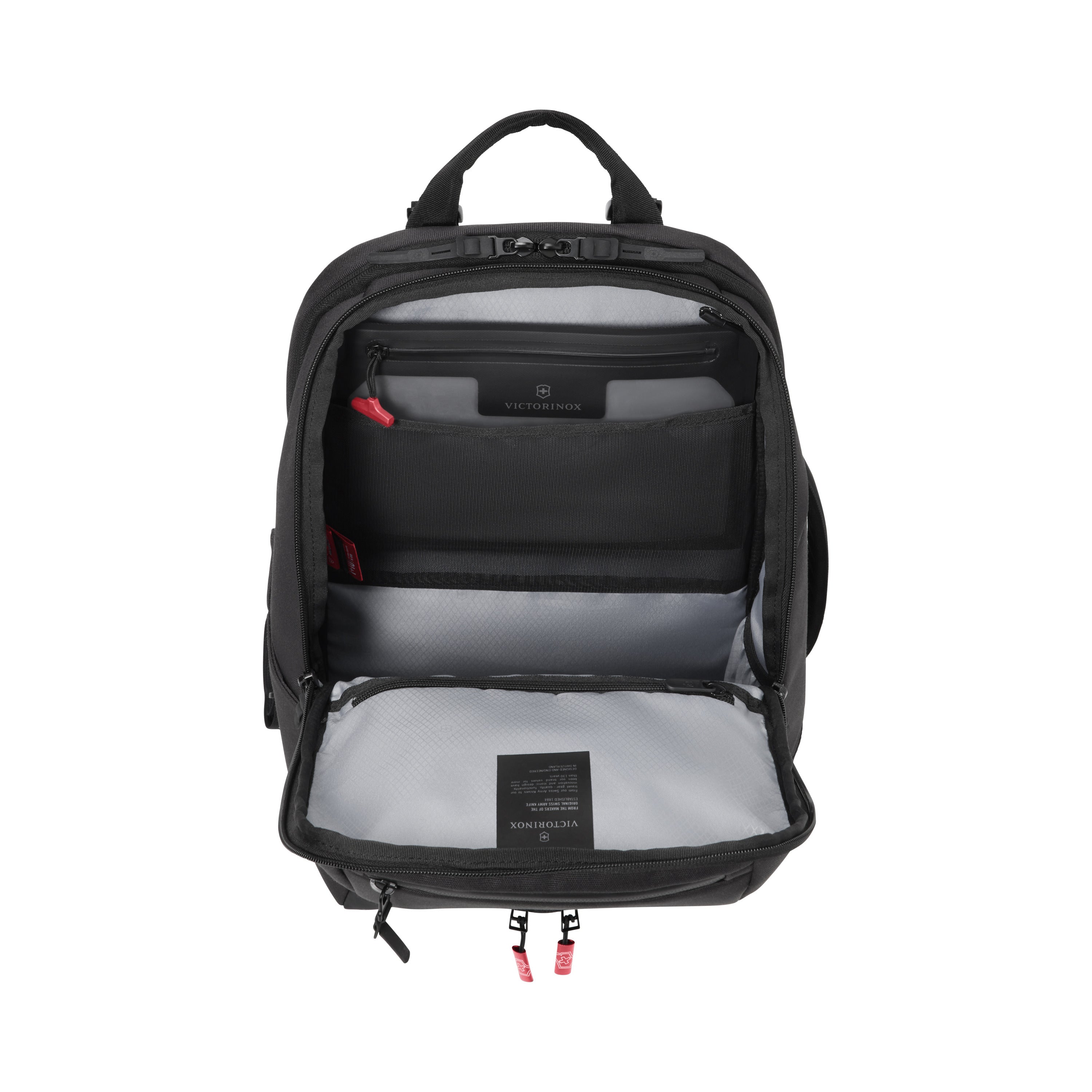 The Victorinox Touring 2.0 Commuter Backpack by VICTORINOX is shown with its main compartment open, revealing organized interior pockets and a laptop sleeve. Red zipper pulls offer contrast, the top handle is visible, and it features a sleek design with a concealed storage pocket for added security.