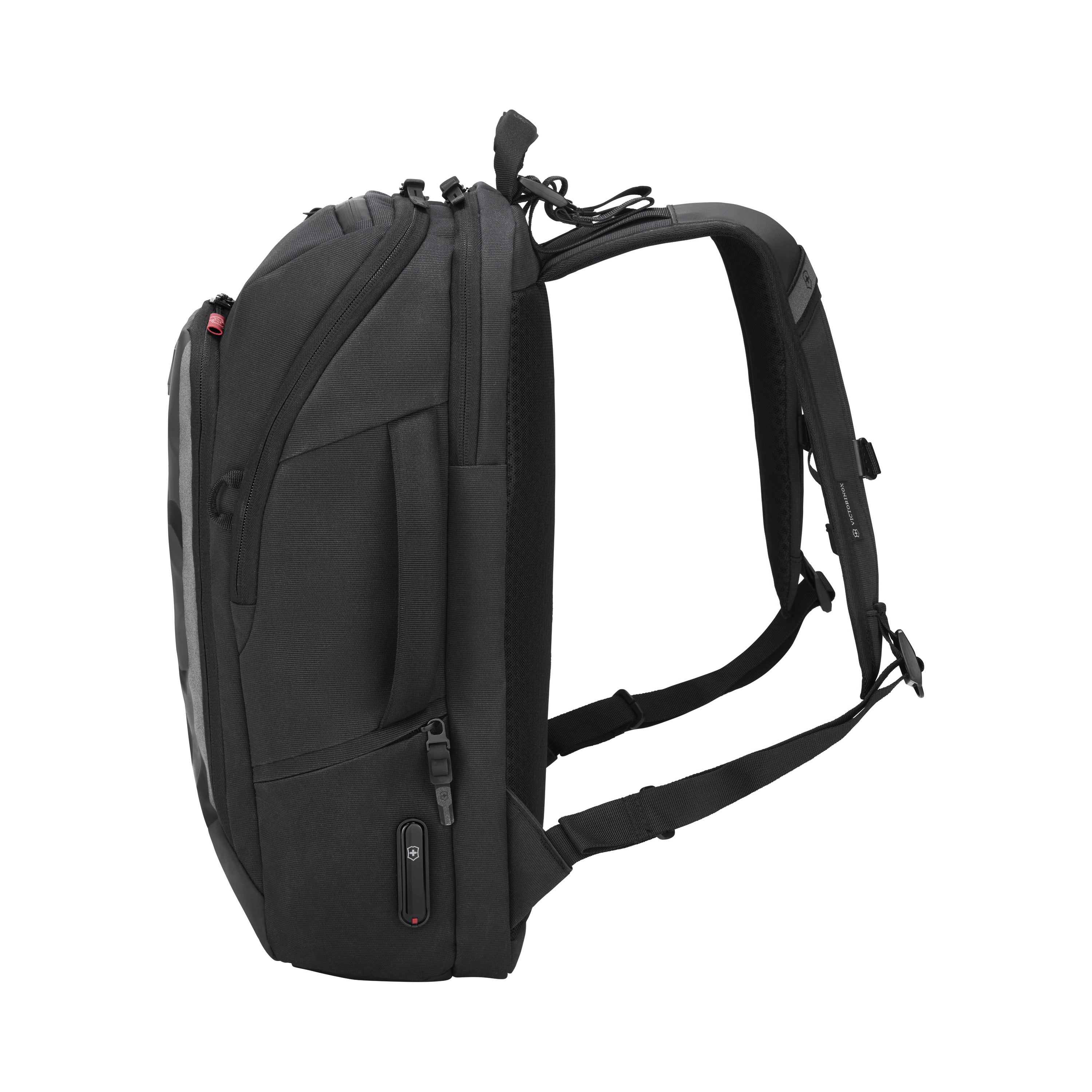 The Victorinox Touring 2.0 Commuter Backpack by VICTORINOX is depicted from the side on a white background. It features multiple compartments, adjustable straps, a sleek design, and a concealed storage pocket for convenience.