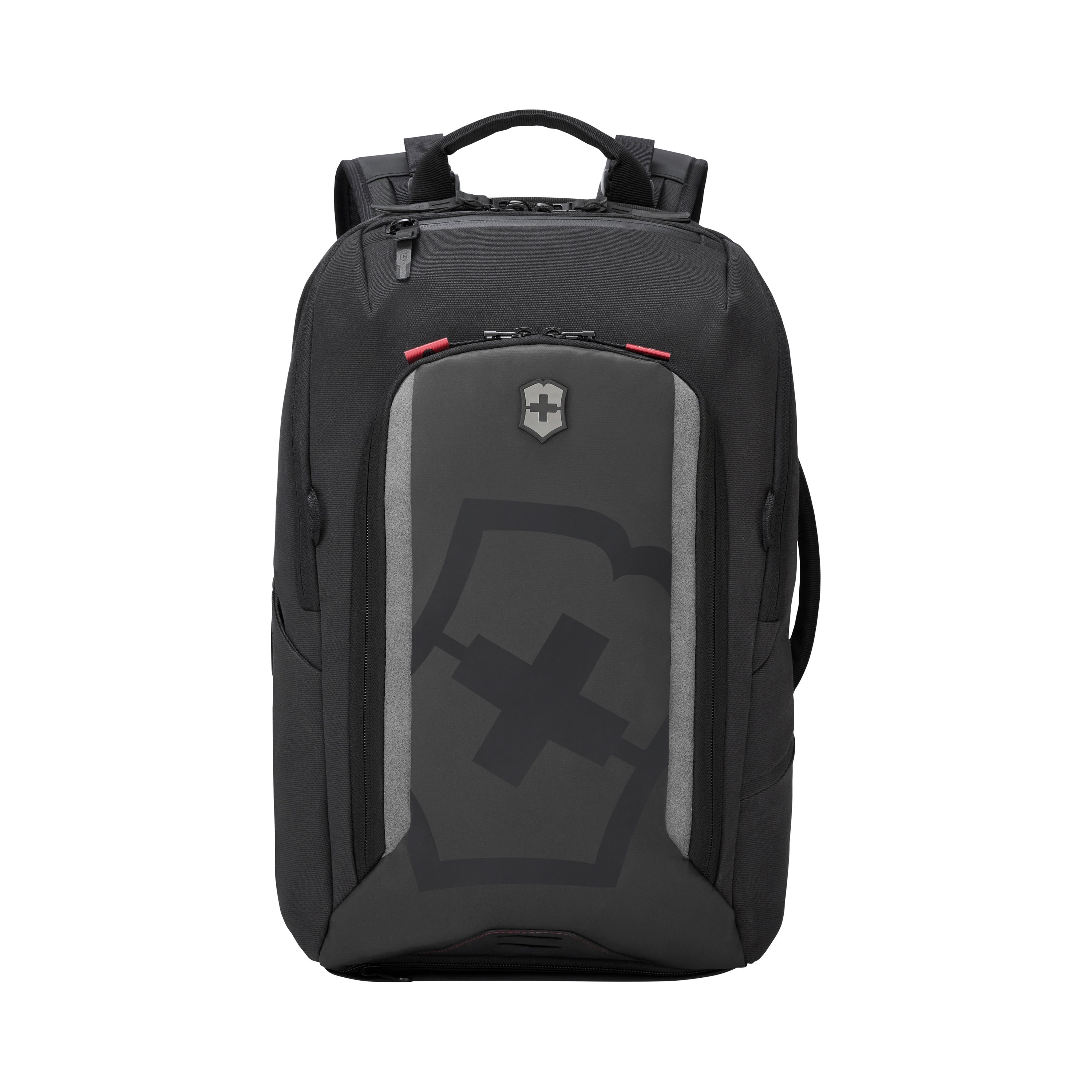 The Victorinox Touring 2.0 Commuter Backpack by VICTORINOX is sleek and black, showcasing a minimalist design with a central emblem. It features gray geometric accents, padded straps, a top handle, a concealed pocket, and water-resistant fabric for safe storage.