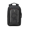 The Victorinox Touring 2.0 Commuter Backpack by VICTORINOX is sleek and black, showcasing a minimalist design with a central emblem. It features gray geometric accents, padded straps, a top handle, a concealed pocket, and water-resistant fabric for safe storage.