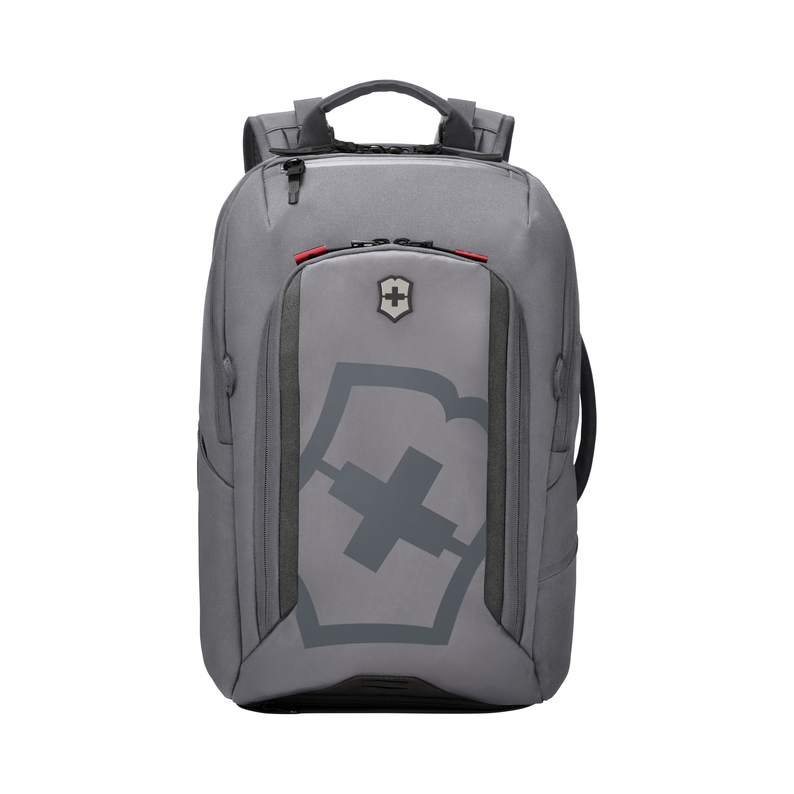 The Victorinox Touring 2.0 Commuter Backpack by VICTORINOX is a sleek gray backpack with a shield and cross logo, water-resistant material, top handle, and sturdy straps. It features a streamlined design with concealed storage pockets and visible zippered compartments.